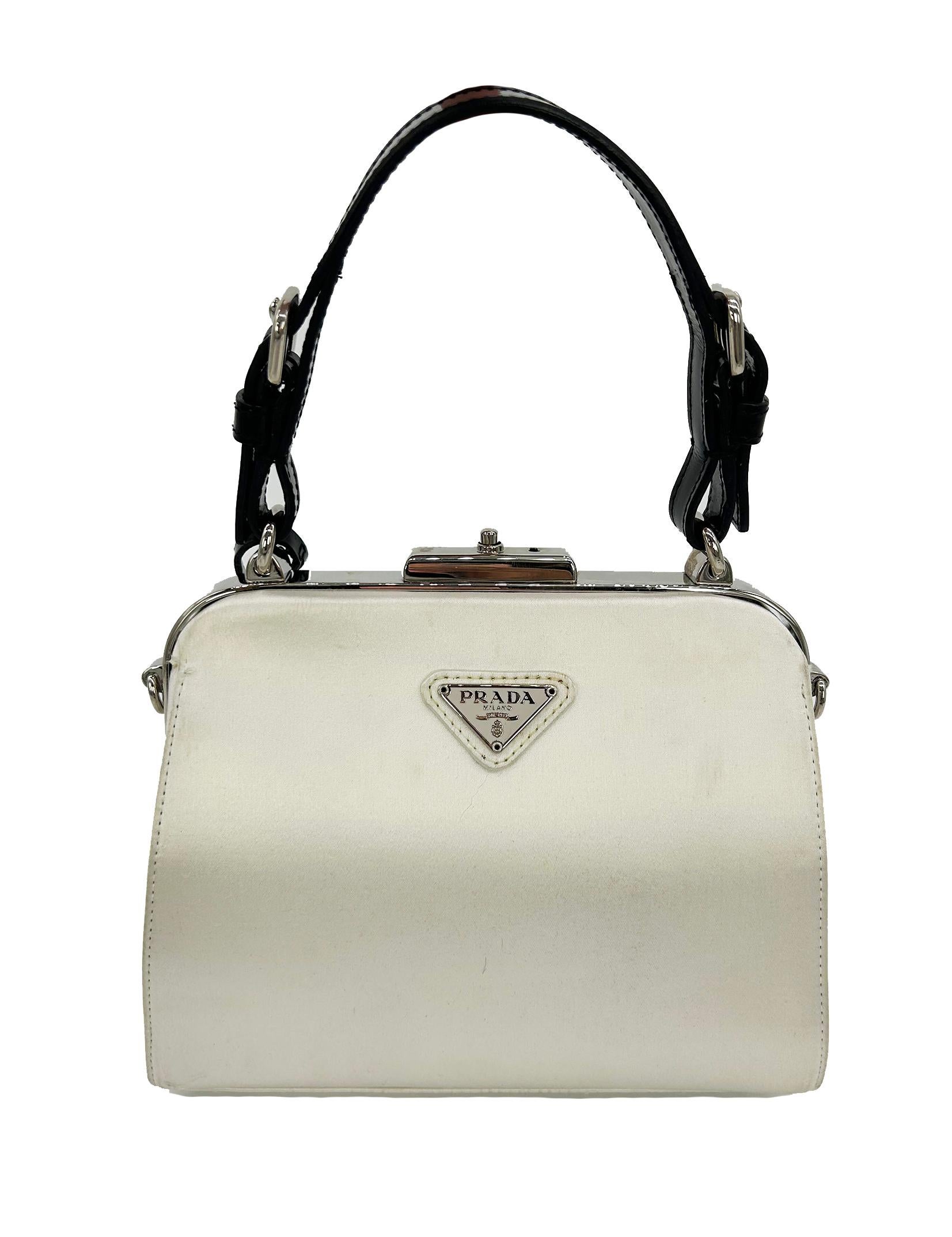 Gray RARE Prada Raso Ricamo White Silk Crystal Beaded Frame Bag