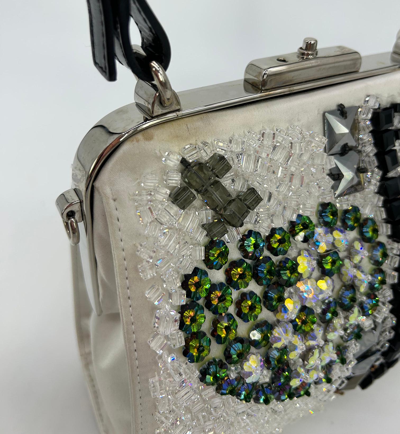 RARE Prada Raso Ricamo White Silk Crystal Beaded Frame Bag 1