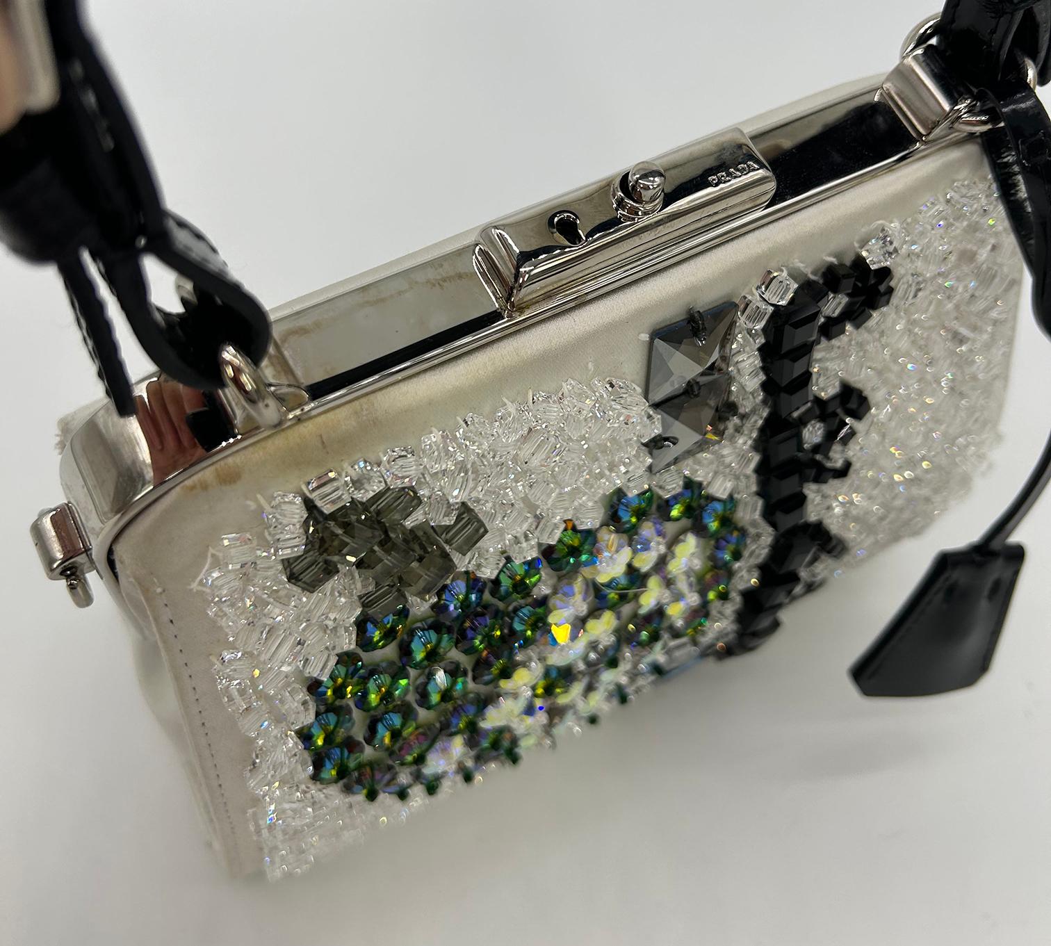 RARE Prada Raso Ricamo White Silk Crystal Beaded Frame Bag 2