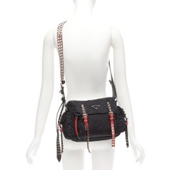 rare PRADA Vela black nylon red punk studded logo plaque crossbody bag