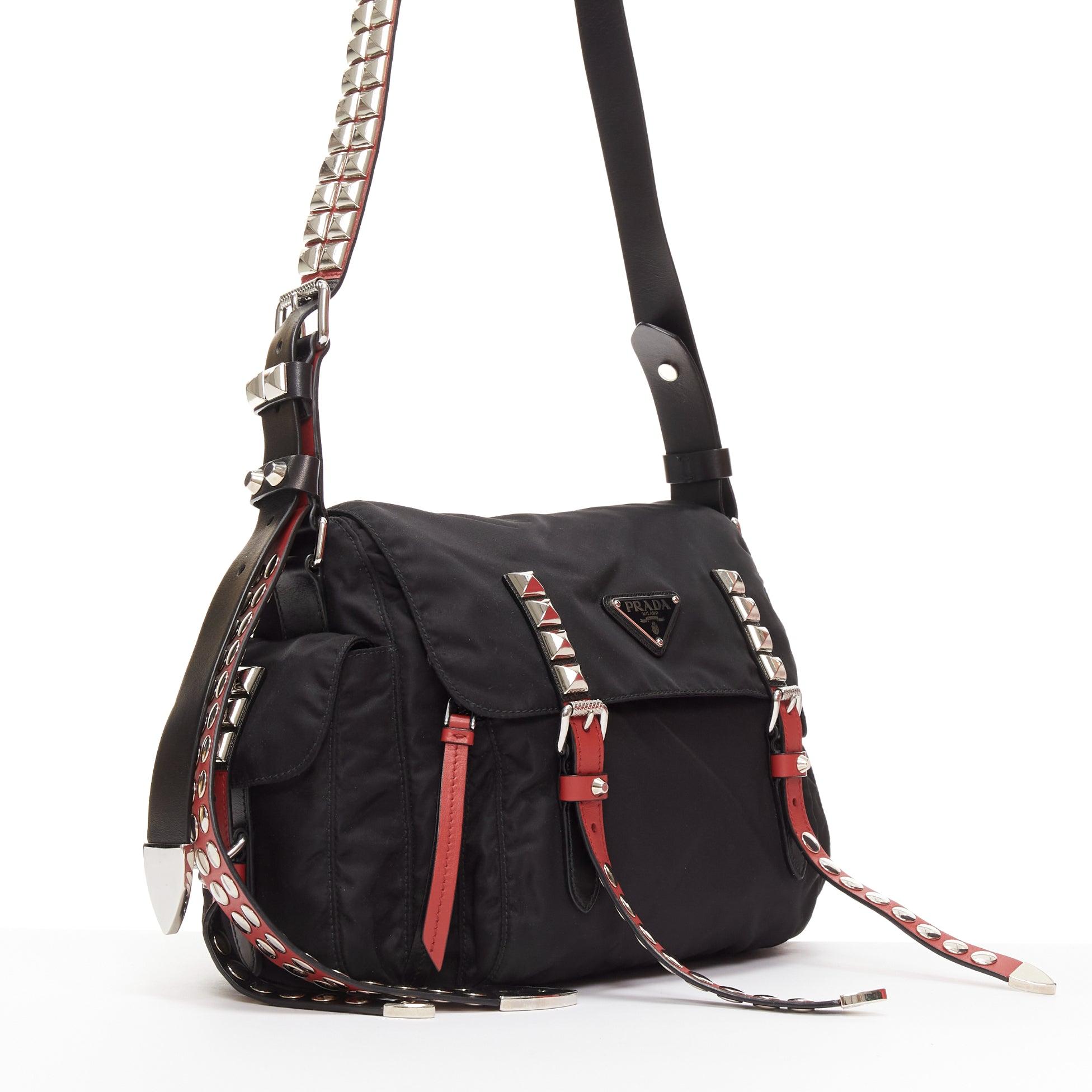 rare PRADA Vela black nylon red punk studded logo plaque crossbody bag In Good Condition In Hong Kong, NT