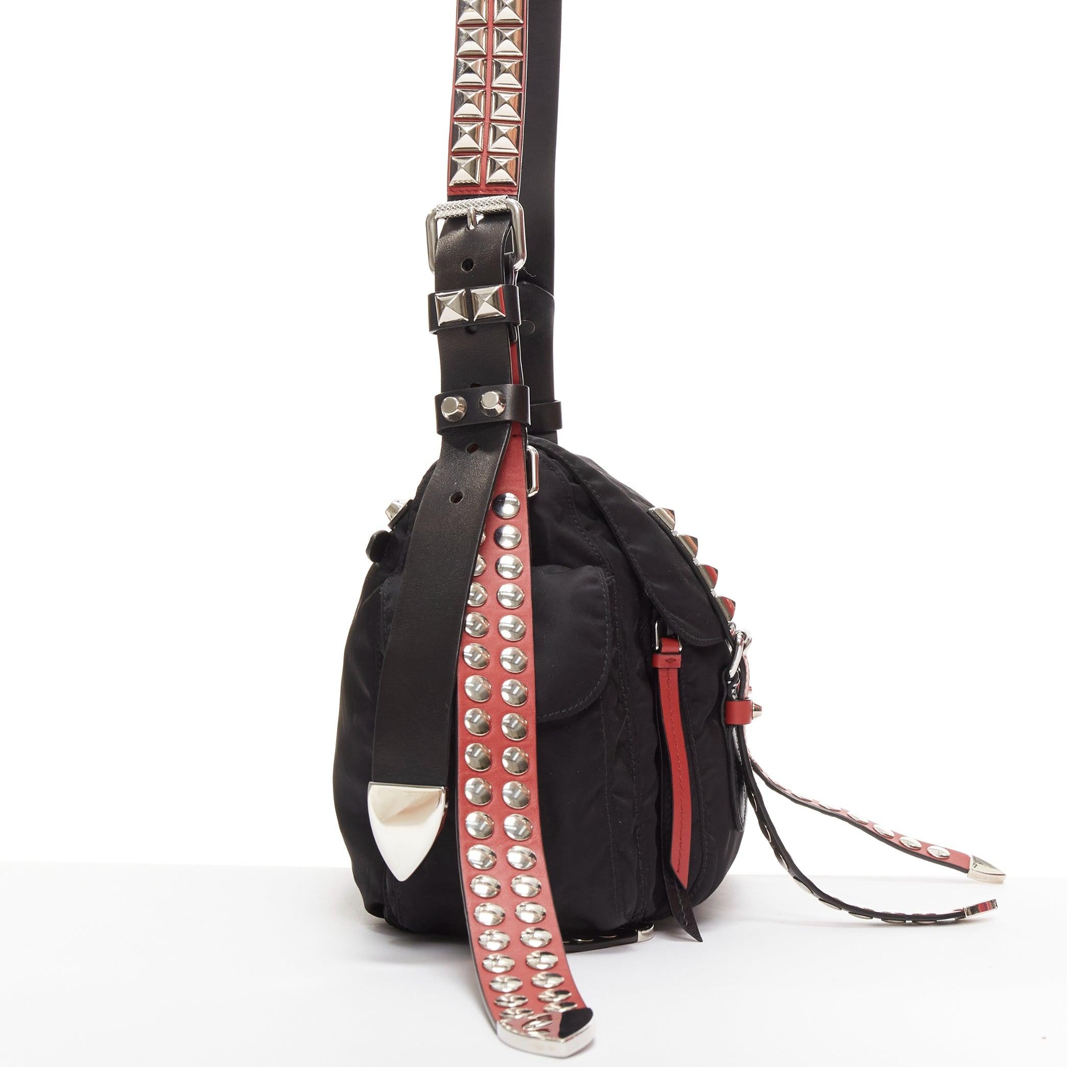 Men's rare PRADA Vela black nylon red punk studded logo plaque crossbody bag