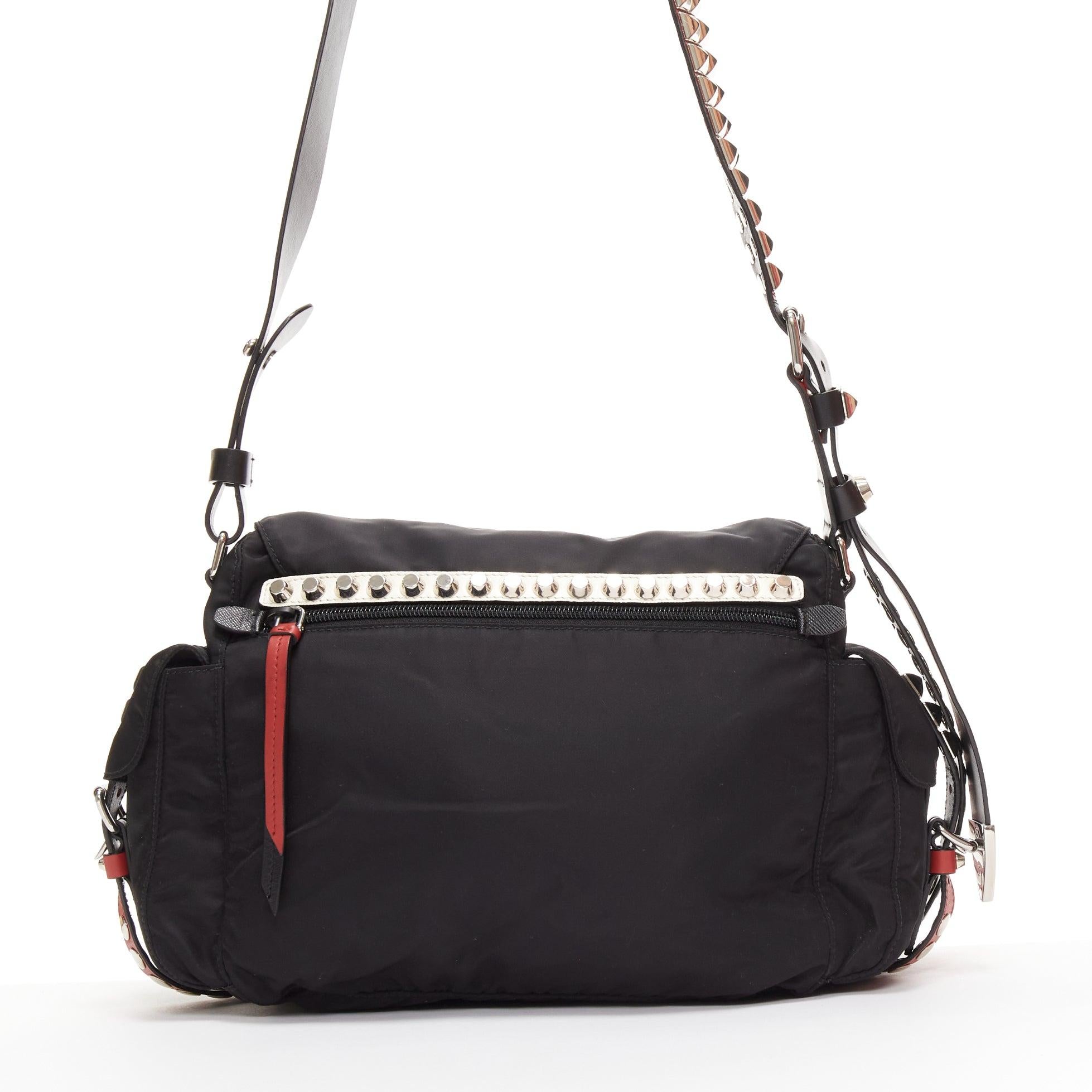 rare PRADA Vela black nylon red punk studded logo plaque crossbody bag 1