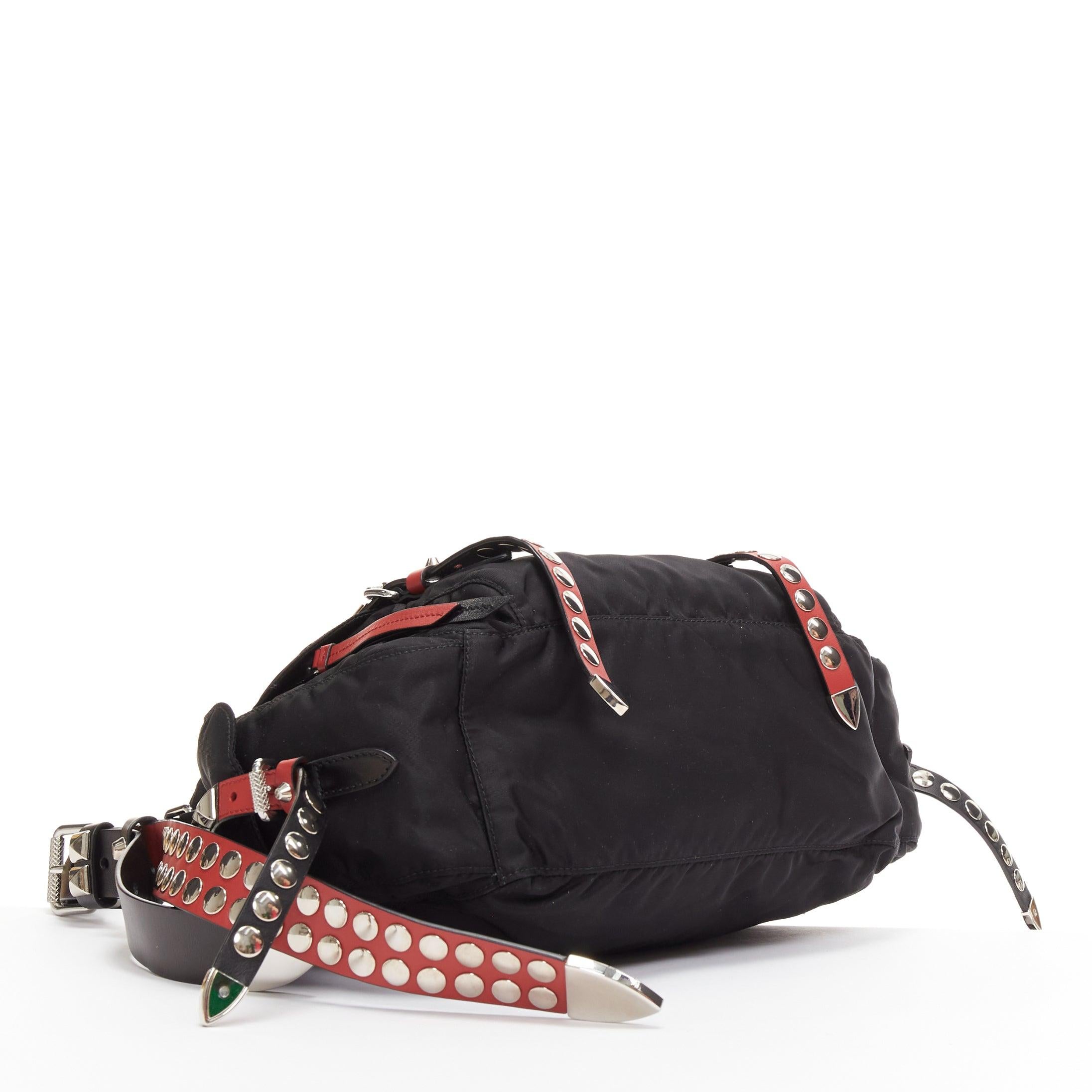 rare PRADA Vela black nylon red punk studded logo plaque crossbody bag 2