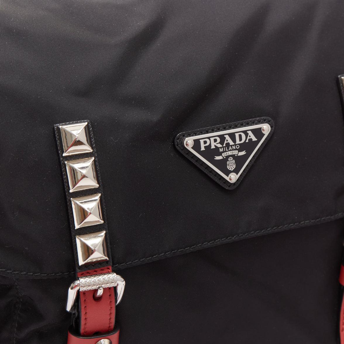 rare PRADA Vela black nylon red punk studded logo plaque crossbody bag 3