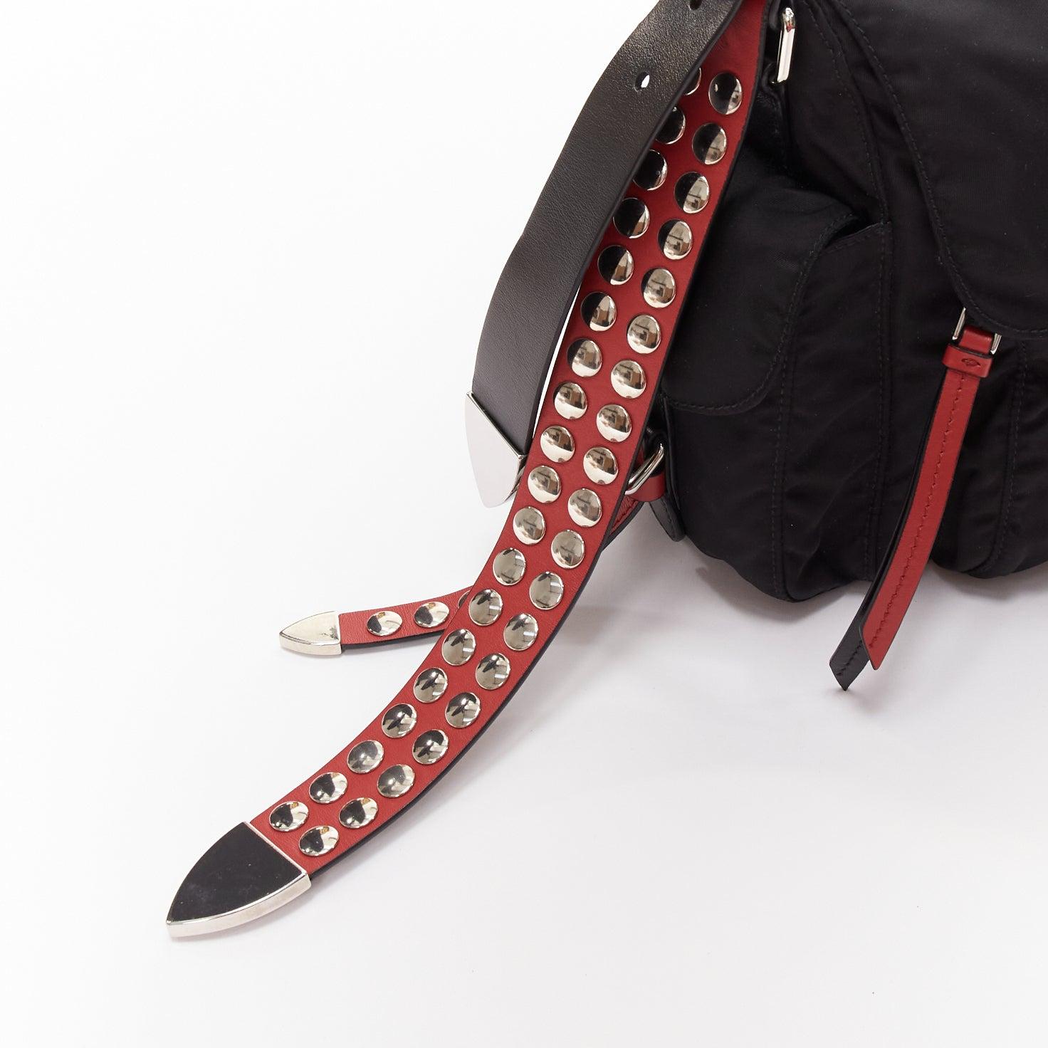 rare PRADA Vela black nylon red punk studded logo plaque crossbody bag 4