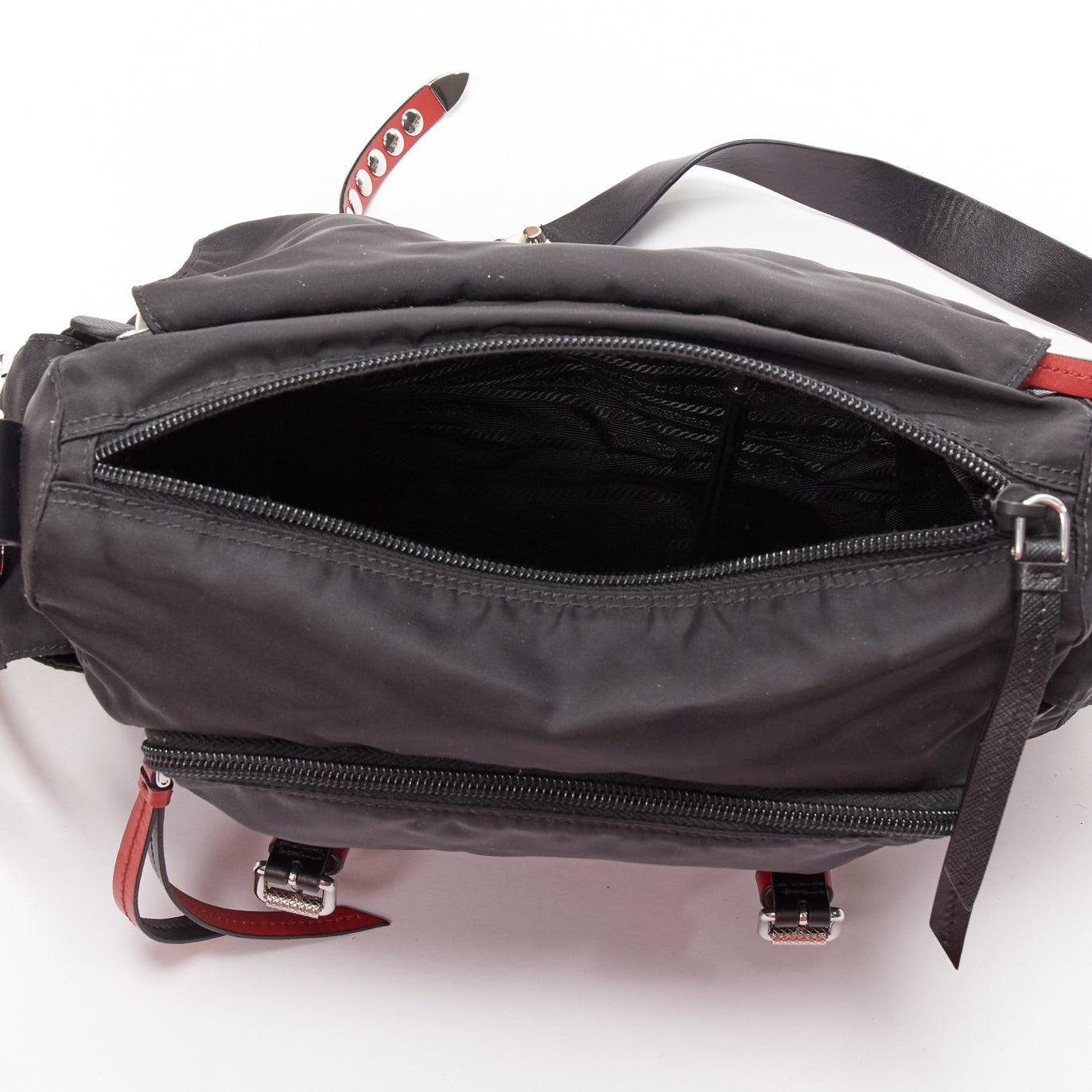 rare PRADA Vela black nylon red punk studded logo plaque crossbody bag 5