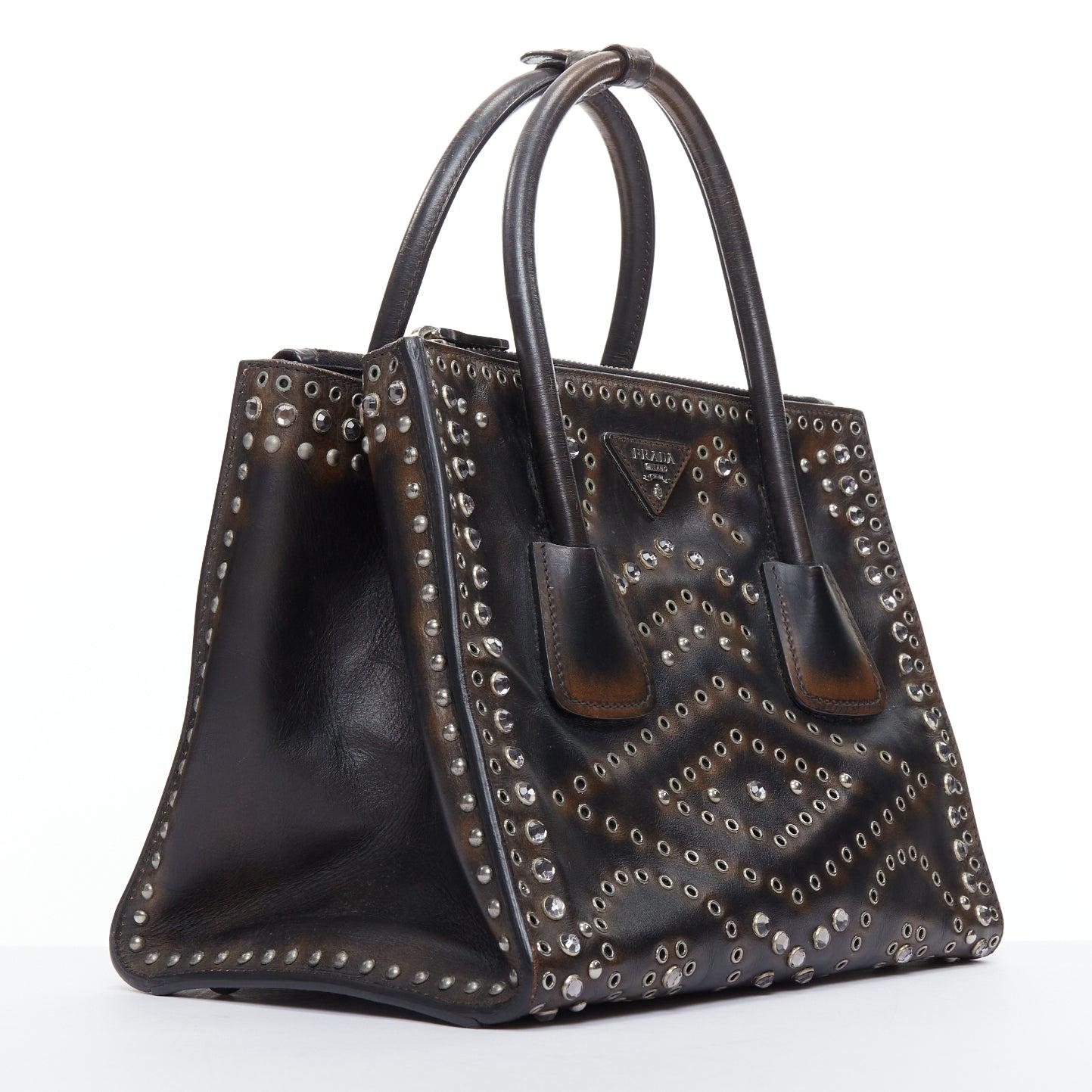 Gray rare PRADA Vela black nylon silver punk studs straps logo plate crossbody bag