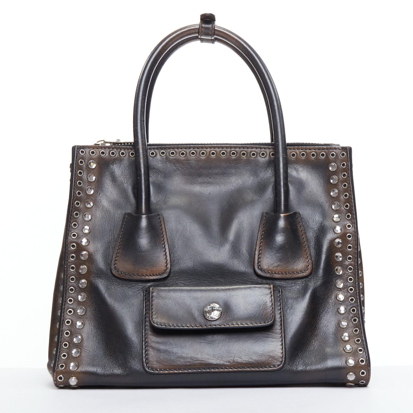 Women's rare PRADA Vela black nylon silver punk studs straps logo plate crossbody bag