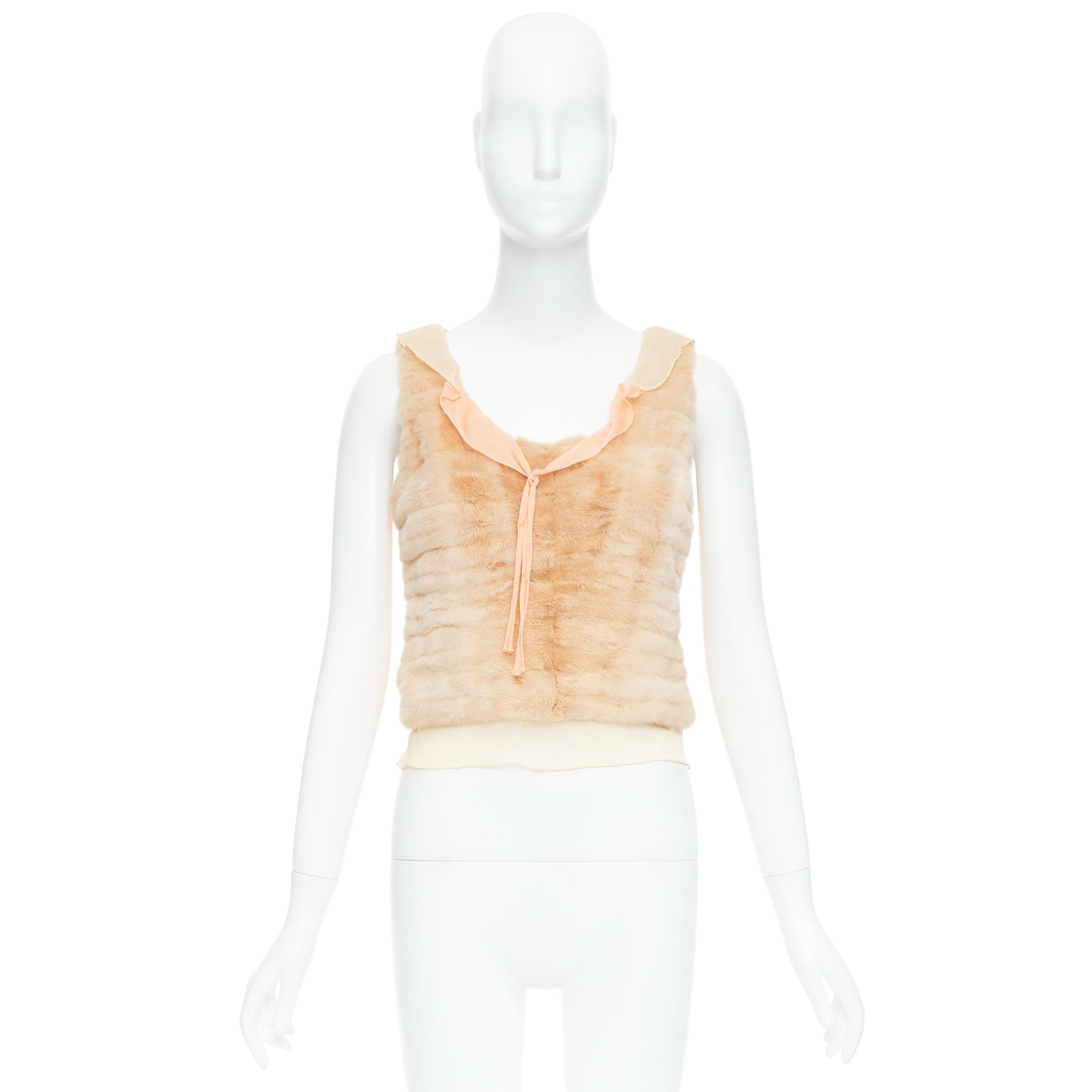 rare PRADA Vintage cream dyed fur pink silk satin bow vest top IT40 S For Sale 5