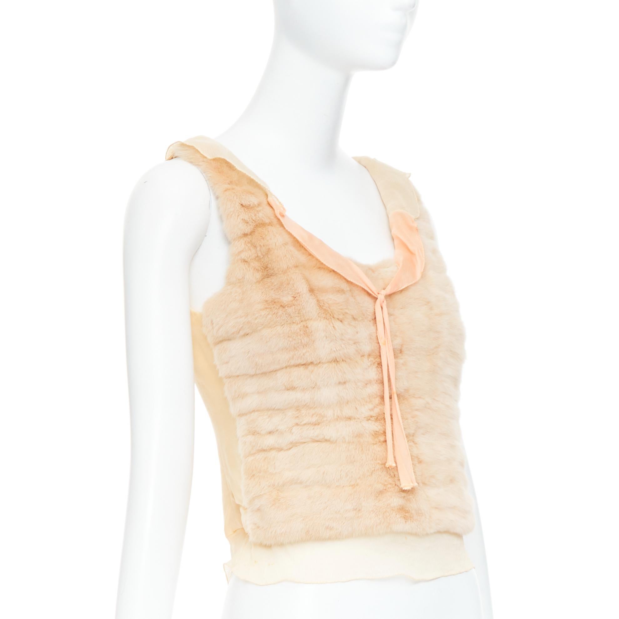 White rare PRADA Vintage cream dyed fur pink silk satin bow vest top IT40 S For Sale