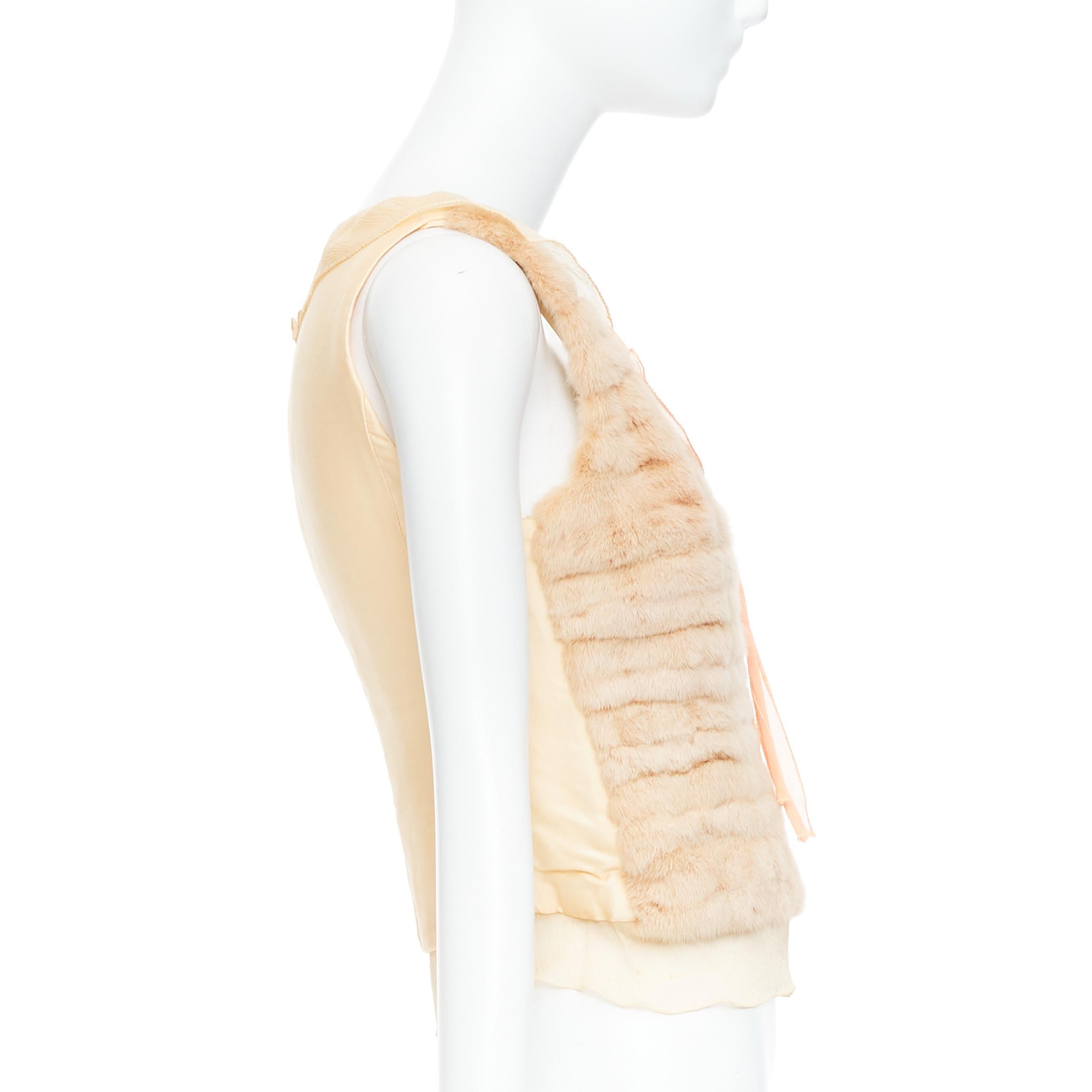 rare PRADA Vintage cream dyed fur pink silk satin bow vest top IT40 S In Fair Condition For Sale In Hong Kong, NT