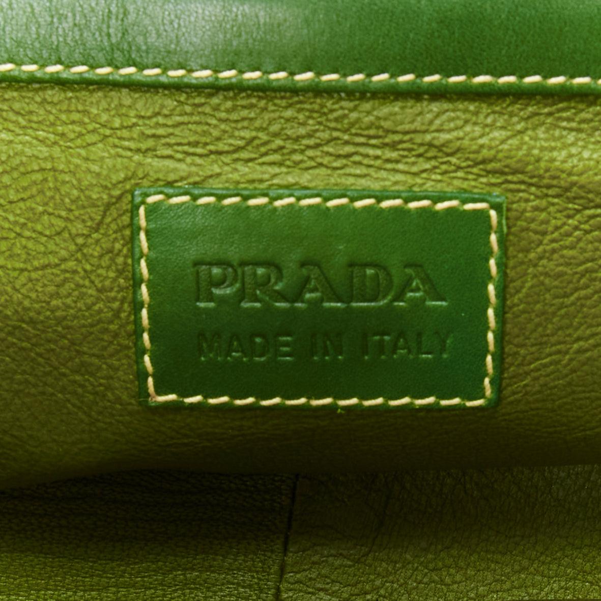 rare PRADA Vintage green calfskin logo beige canvas small shoulder handbag 6