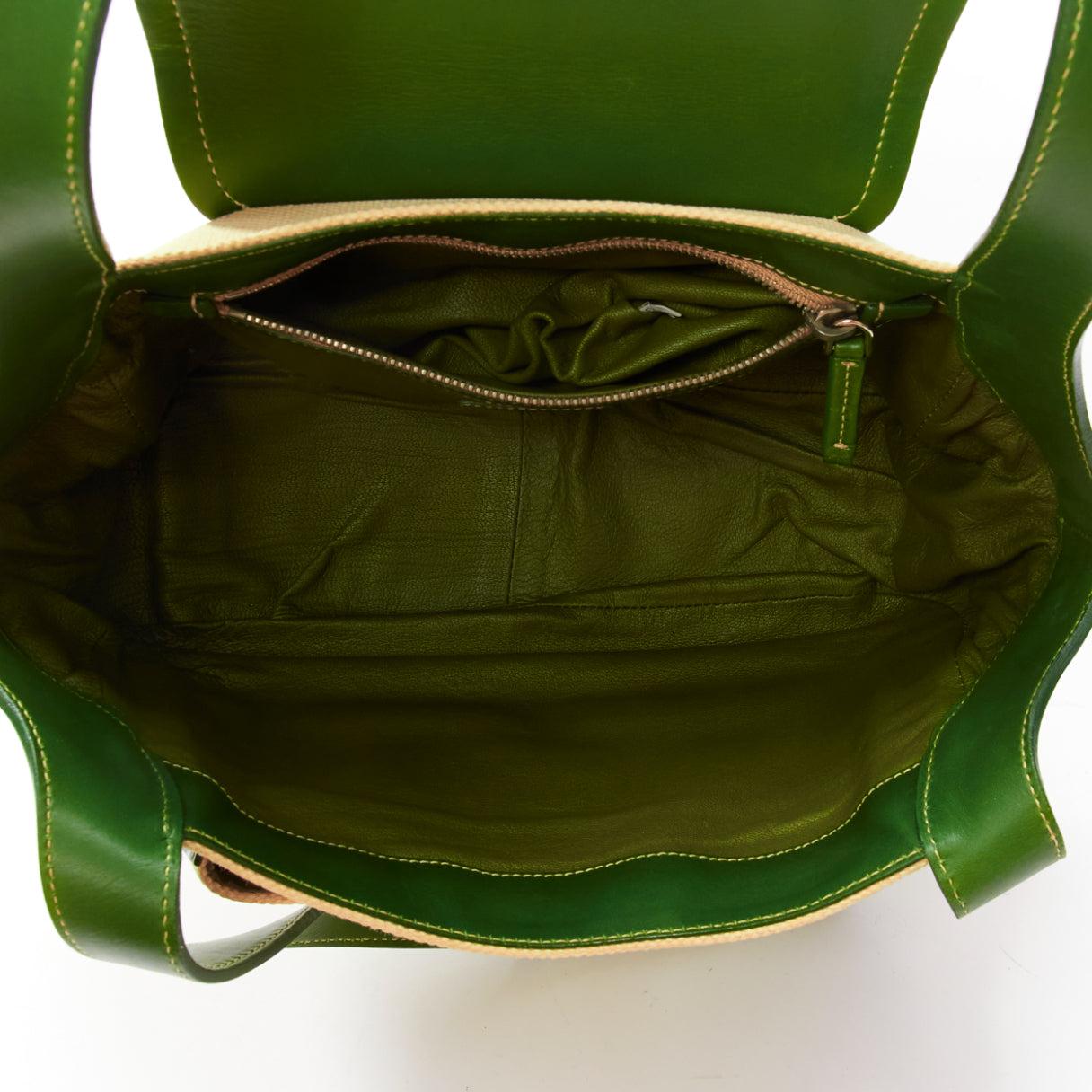 rare PRADA Vintage green calfskin logo beige canvas small shoulder handbag 7