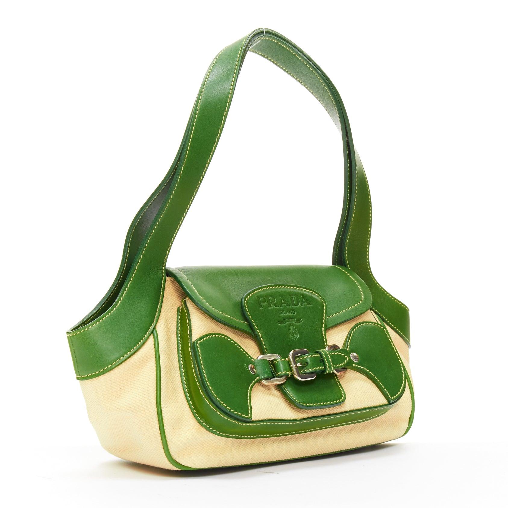 rare PRADA Vintage green calfskin logo beige canvas small shoulder handbag In Good Condition In Hong Kong, NT