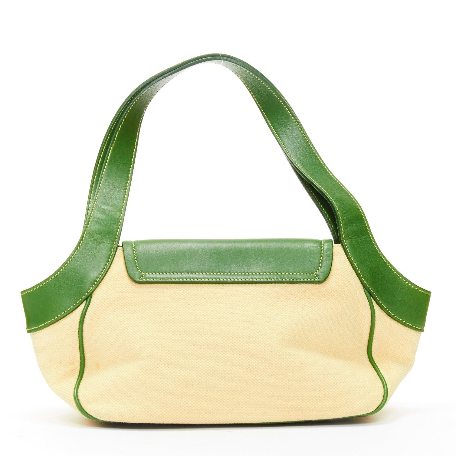 rare PRADA Vintage green calfskin logo beige canvas small shoulder handbag 1