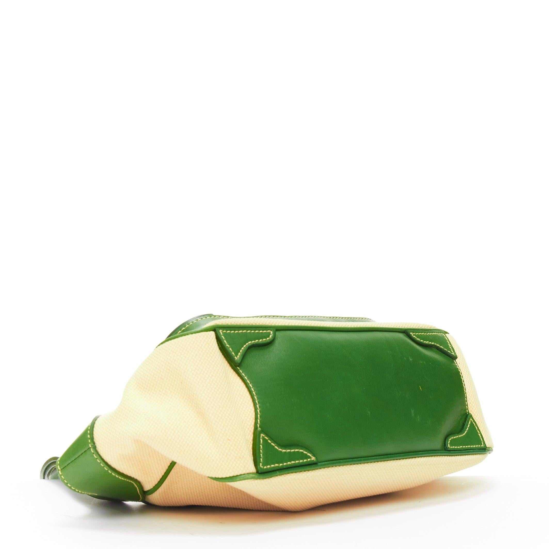 rare PRADA Vintage green calfskin logo beige canvas small shoulder handbag 2