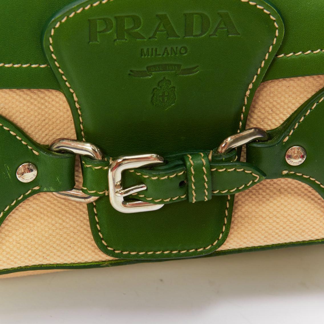 rare PRADA Vintage green calfskin logo beige canvas small shoulder handbag 3
