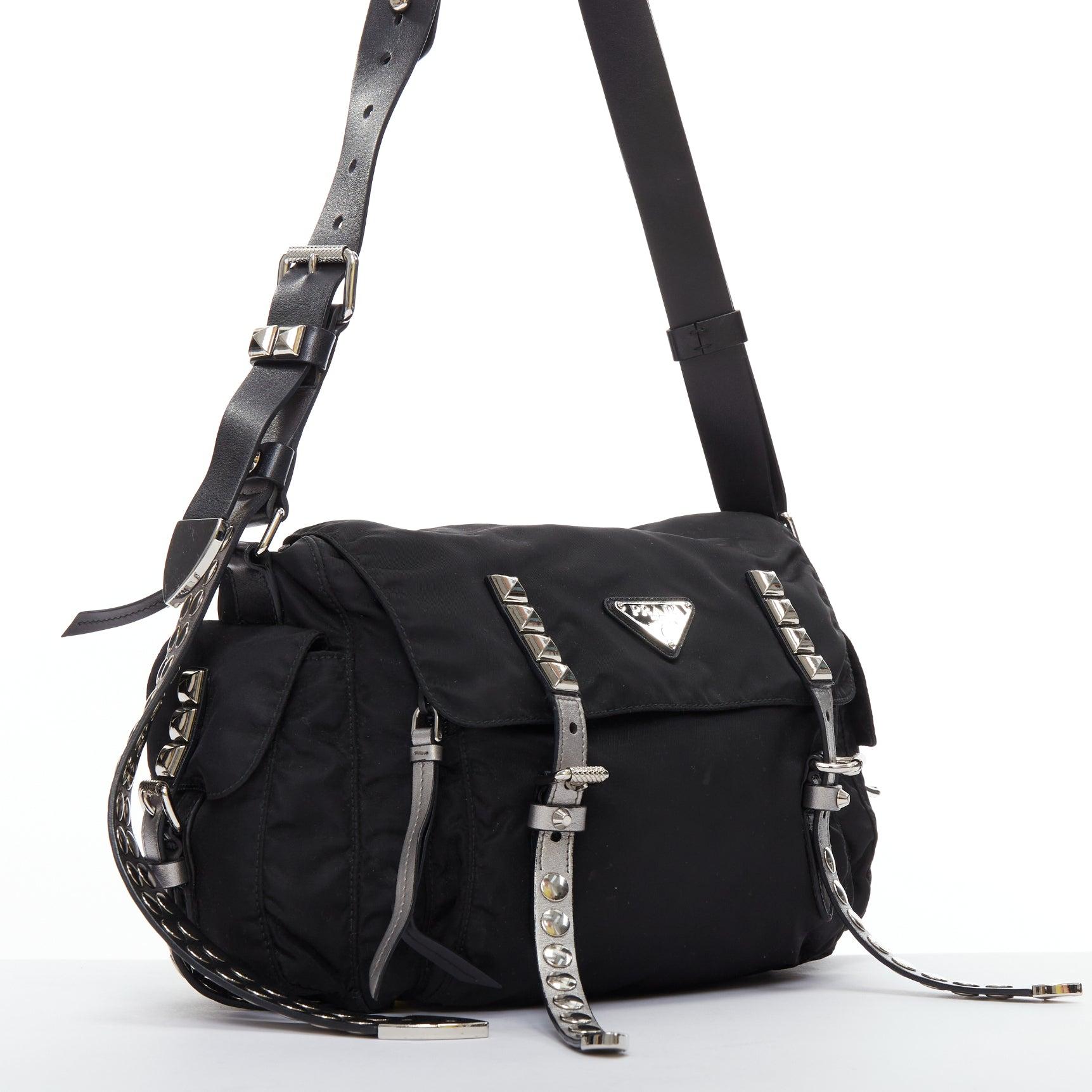 Black rare PRADA Vitello Vintage Twin Pocket aged leather crystal grommet tote bag