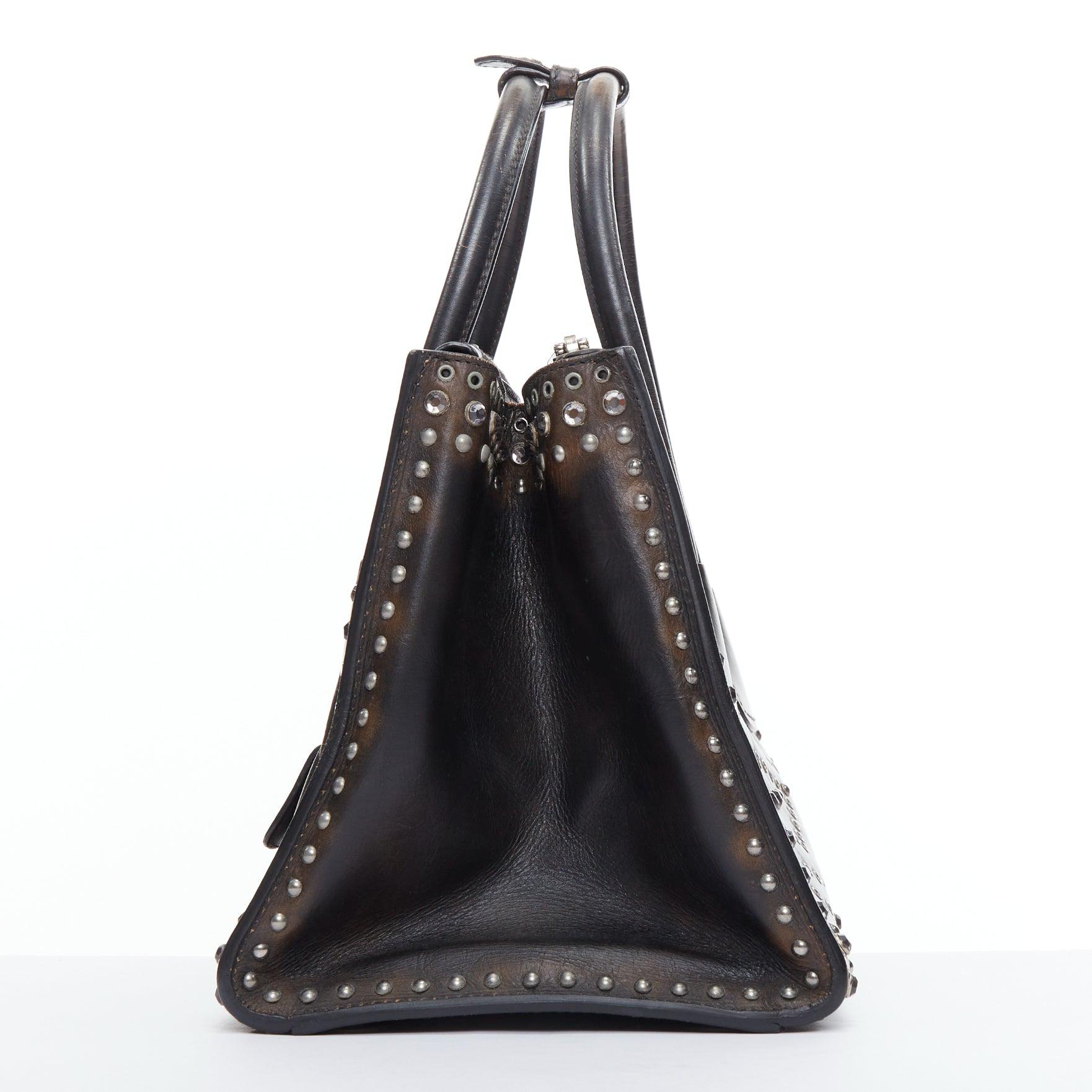 rare PRADA Vitello Vintage Twin Pocket aged leather crystal grommet tote bag In Good Condition In Hong Kong, NT
