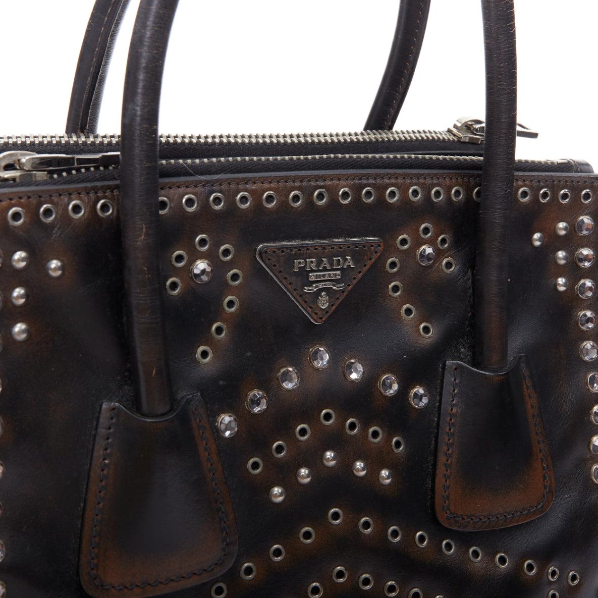 rare PRADA Vitello Vintage Twin Pocket aged leather crystal grommet tote bag 2
