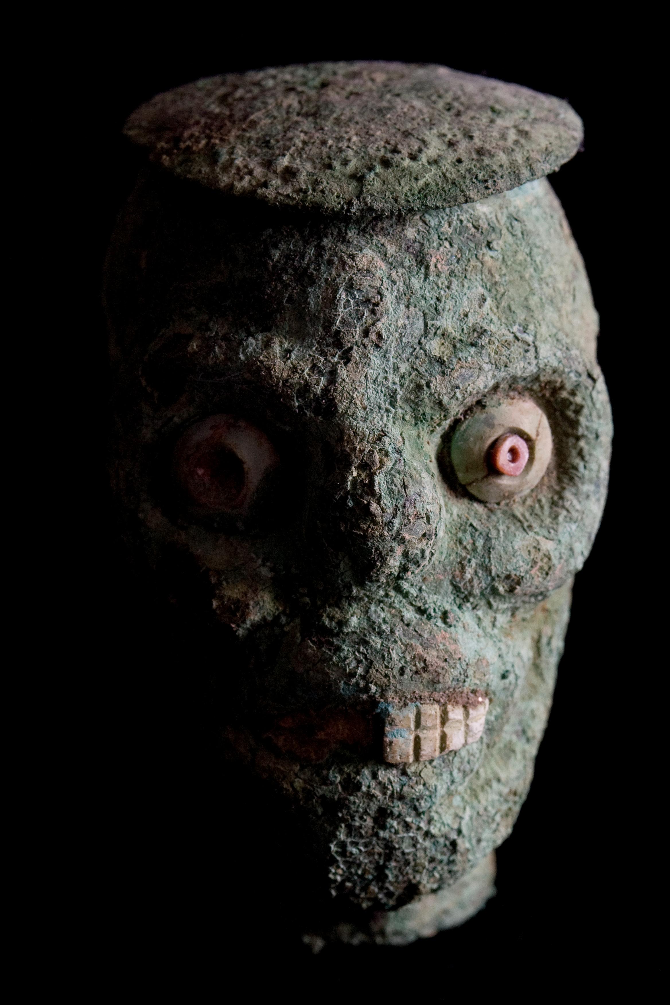 Peruvian Rare Pre-Columbian Moche Copper Skull Vessel, Peru, circa 200-500 AD For Sale