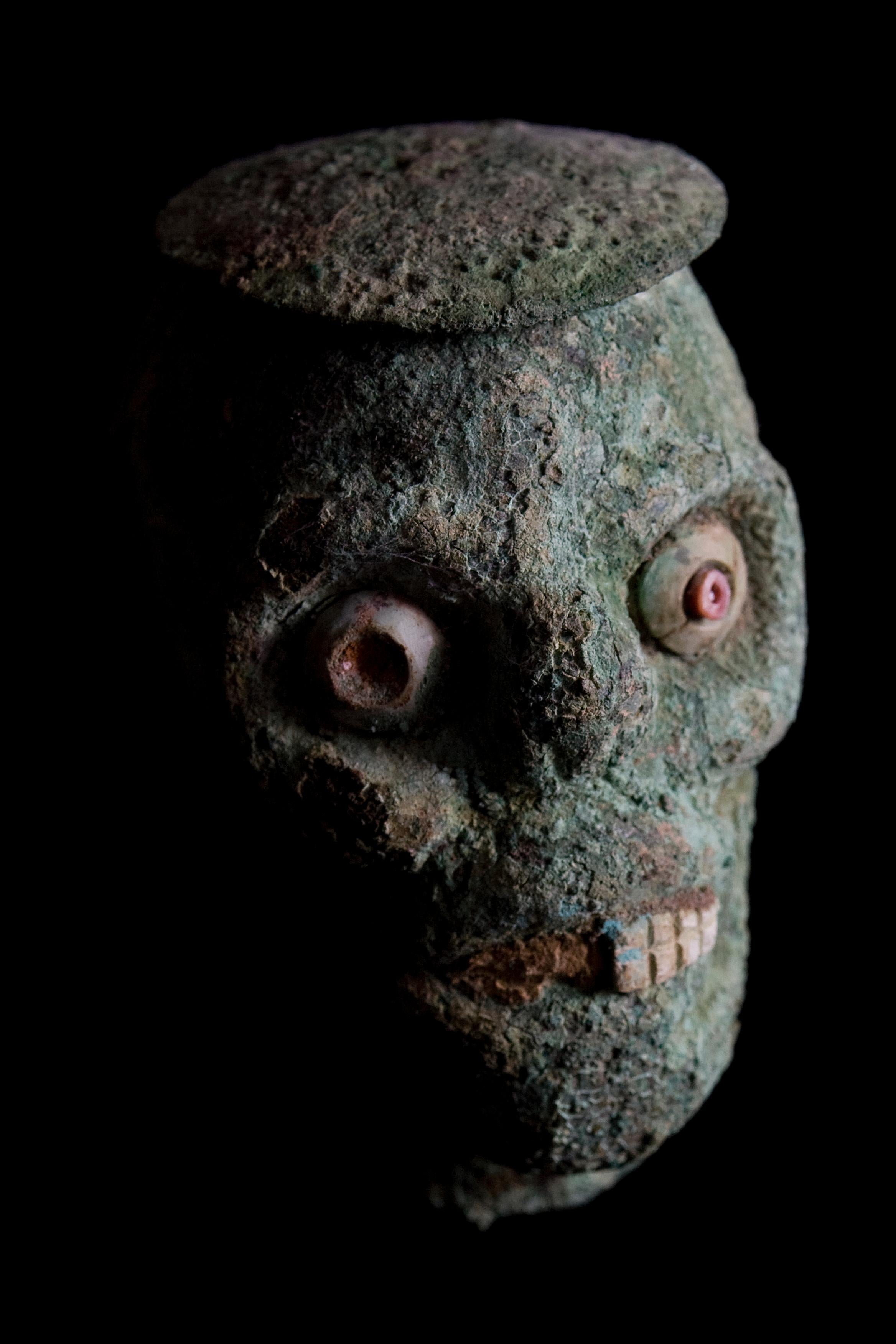 Hand-Crafted Rare Pre-Columbian Moche Copper Skull Vessel, Peru, circa 200-500 AD For Sale