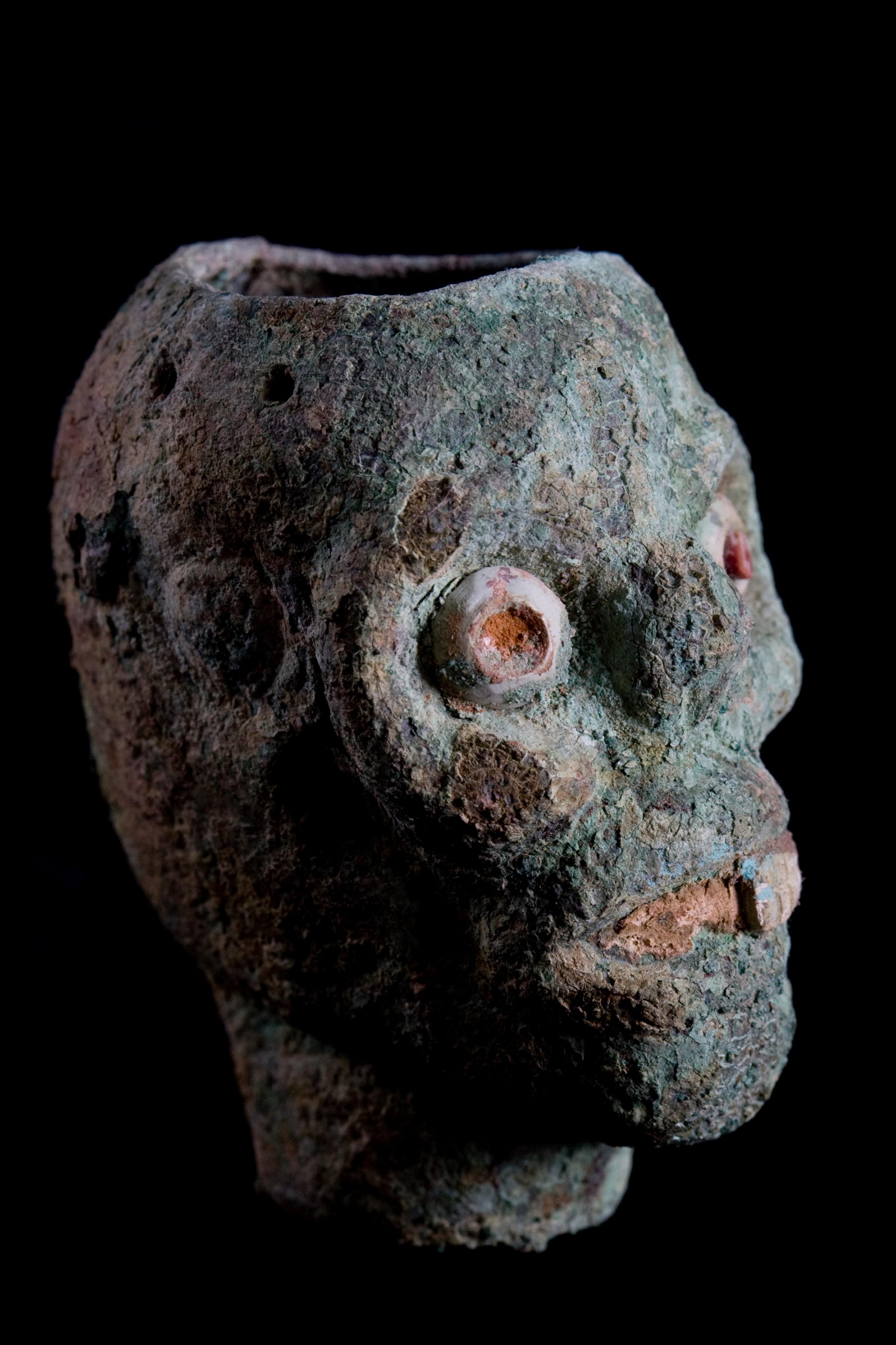 Rare Pre-Columbian Moche Copper Skull Vessel, Peru, circa 200-500 AD For Sale 1