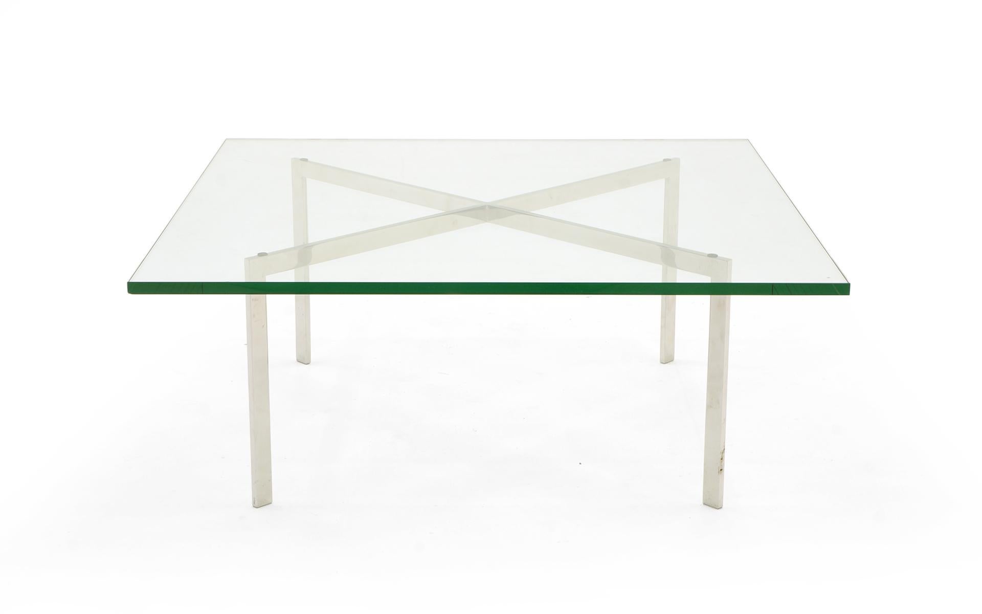Rare, early and historically significant Barcelona coffee table produced by Gerry Griffith in 1955 for Ludwig Mies van der Rohe in Chicago prior to production by Knoll. His versions are identified by sharp corners at the intersection and turns of