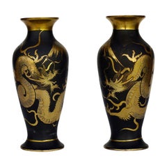 Antique Rare Pre War Japanese Damascene Dragon Vase, Pair