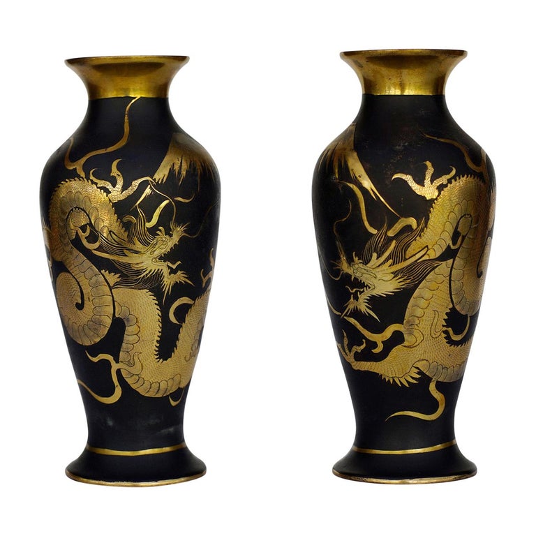 Rare Pre War Japanese Damascene Dragon Vase, Pair For Sale at 1stDibs