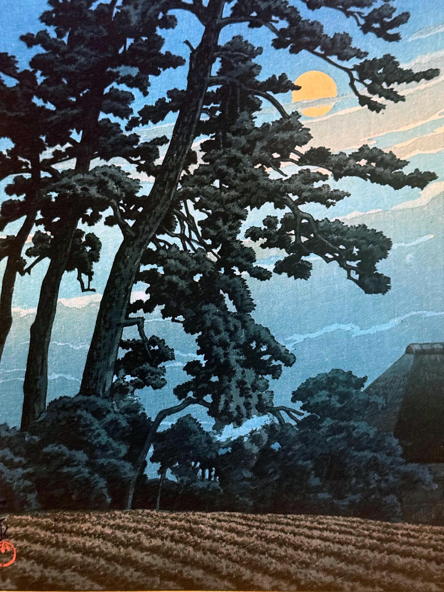 Modern Rare Prewar First Edition Japanese Woodblock Print Moon at Magome Kawase Hasui For Sale