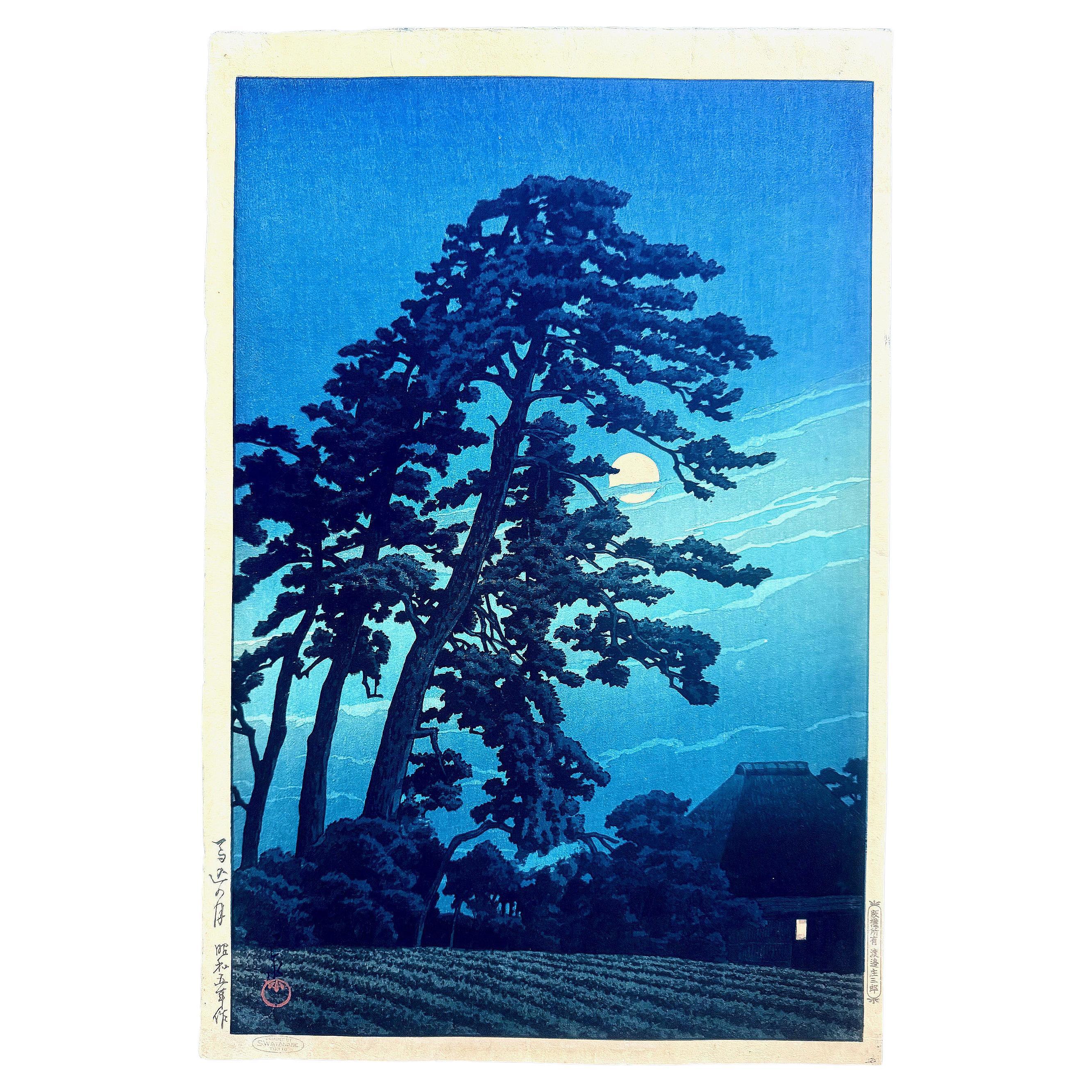 Rare Prewar First Edition Japanese Woodblock Print Moon at Magome Kawase Hasui For Sale