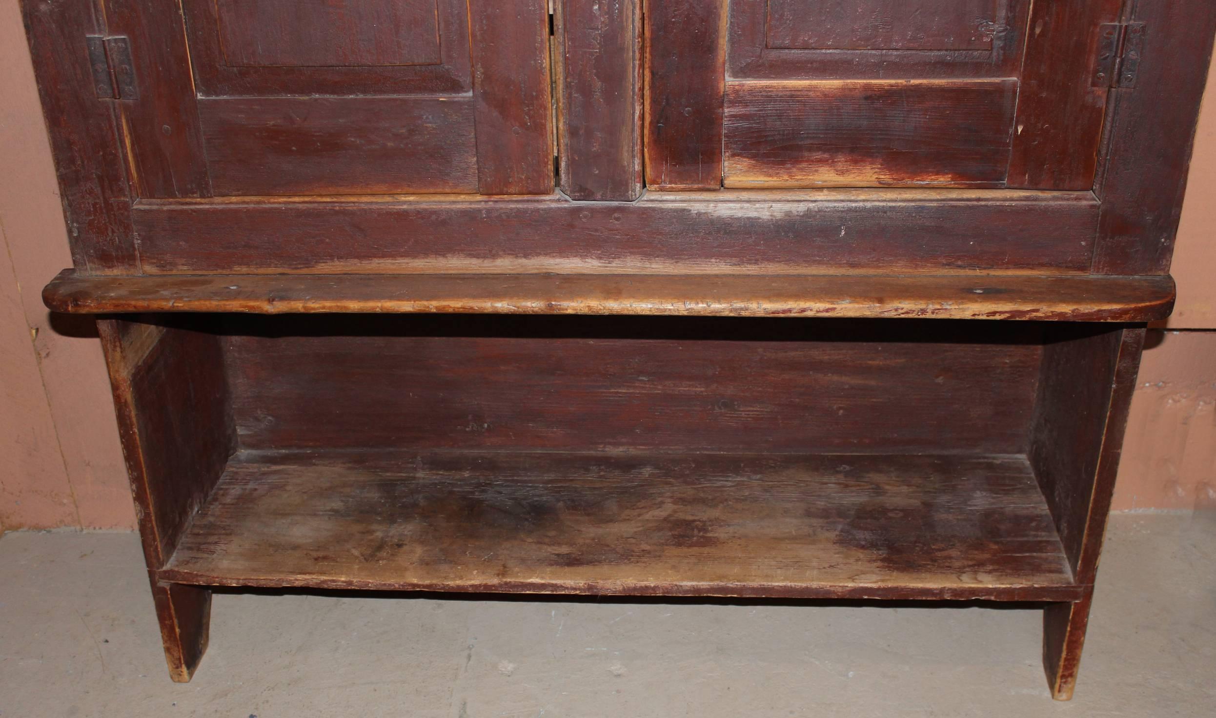 Carved Rare Primitive 19th Century Hutch Cupboard with Blind or Paneled Doors