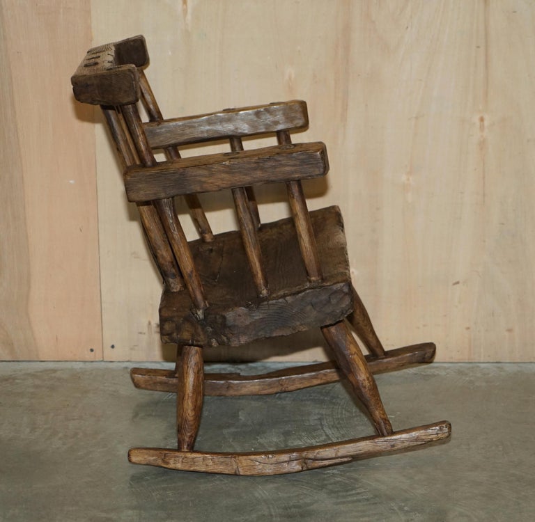 Rare & Primitive circa 1820 Irish Famine Rocking Armchair Original Timber For Sale 12