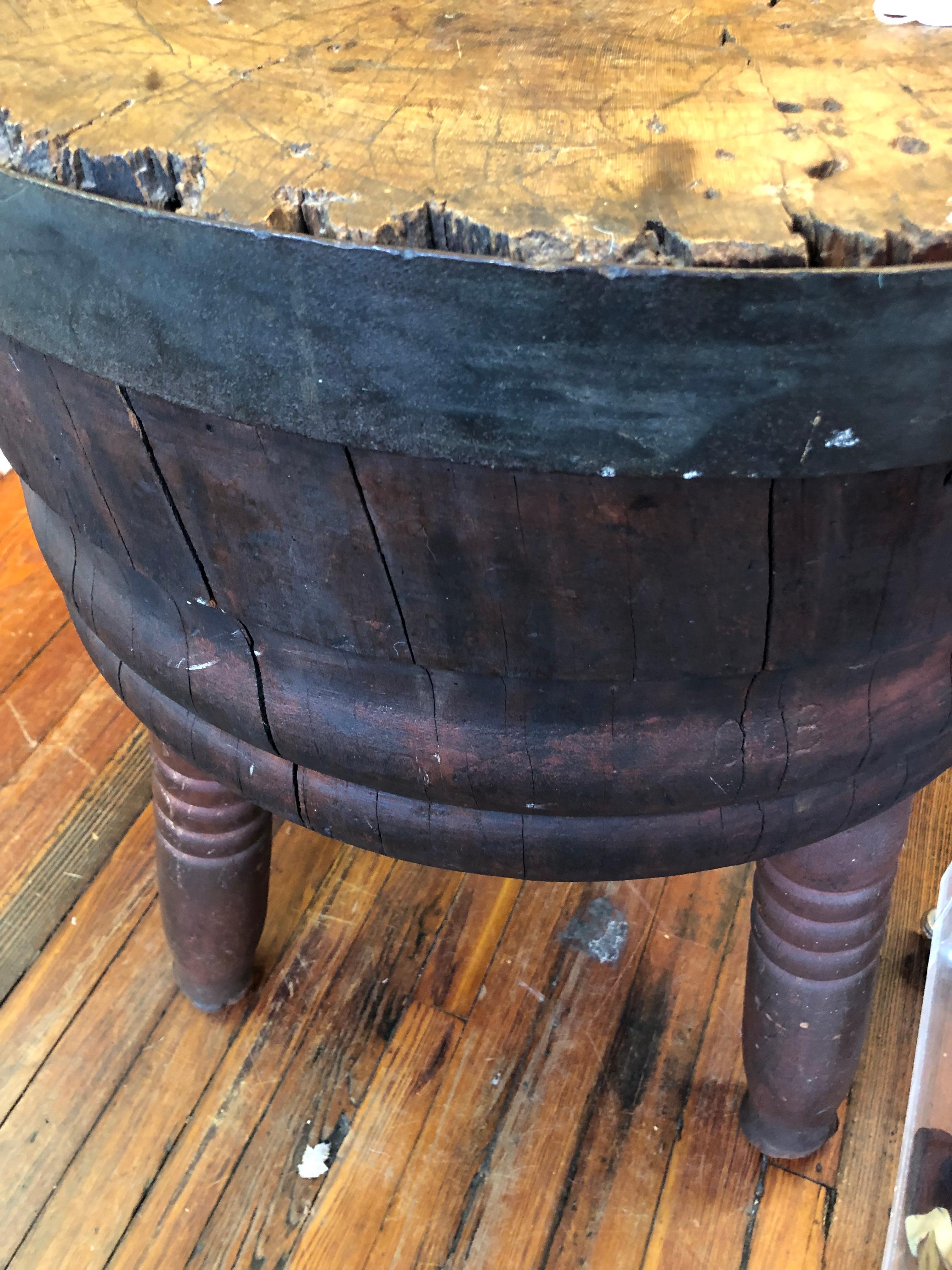 Rare Primitive Round Butcher Block Barrel Based Side Table In Distressed Condition In Hopewell, NJ