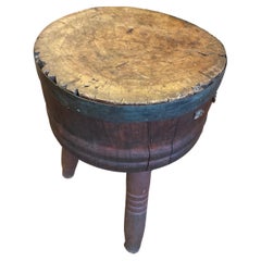 Rare Primitive Round Butcher Block Barrel Based Side Table