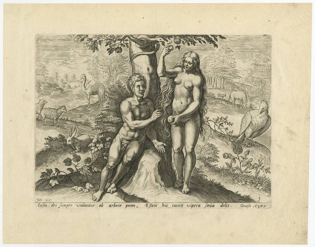 Rare Print of Genesis in the Old Testament; Adam and Eve Eating the Apple, 1674