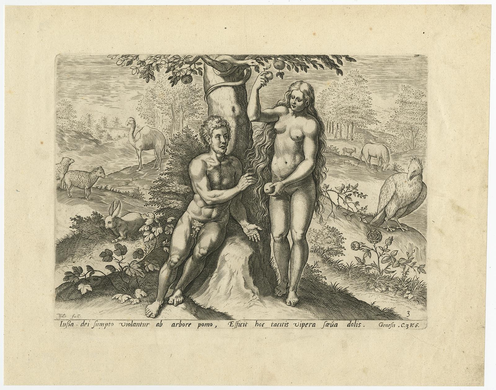 Seltener Druck von Genesis im Alten Testament; Adam und Eva essen den Apfel, 1674 im Zustand „Gut“ im Angebot in Langweer, NL