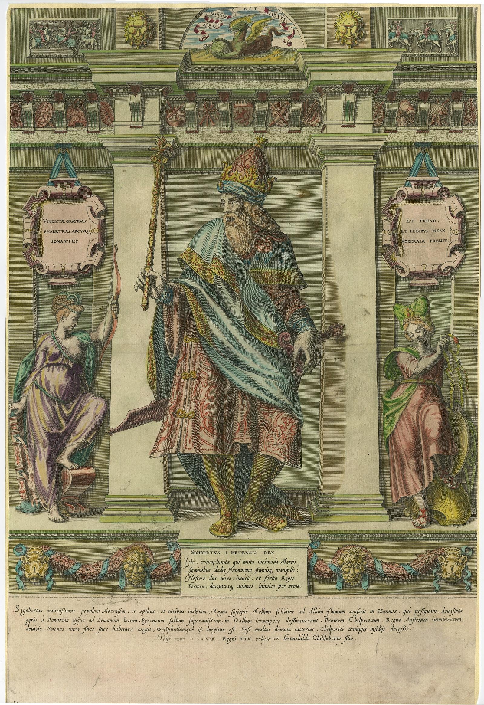 Antique print, titled: 'Sigibertus I Metensis Rex (…)' 


Original and very rare antique print showing a full length portrait of Sigebert I (c. 535 – c. 575), the Germanic king of Austrasia from the death of his father in 561 to his own death. He