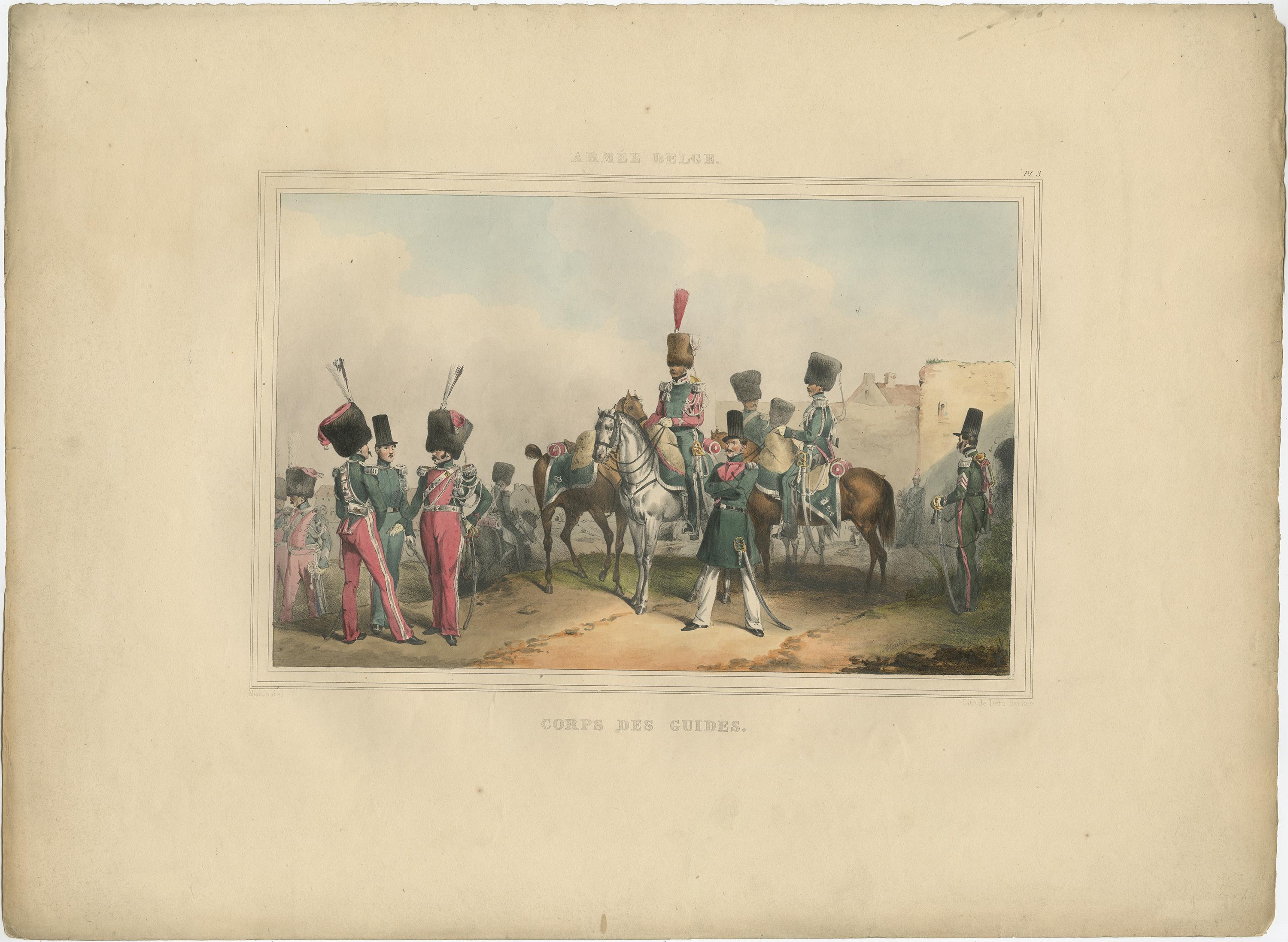 Un bonito grabado coloreado a mano de una serie original de 23 láminas, que muestra a oficiales y soldados descansando cerca de un pueblo. publicado en 1833. Raro.

De una serie de bellas láminas litografiadas con trajes militares belgas según