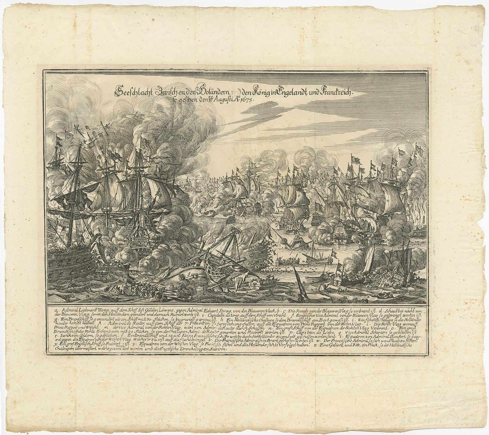 Antique print titled 'Seeschlacht Zwischen den Holändern und den König in Engelandt und Franckreich'. 

Engraving of the Battle of Texel. The naval Battle of Texel or Battle of Kijkduin took place off the southern coast of island of Texel on 21