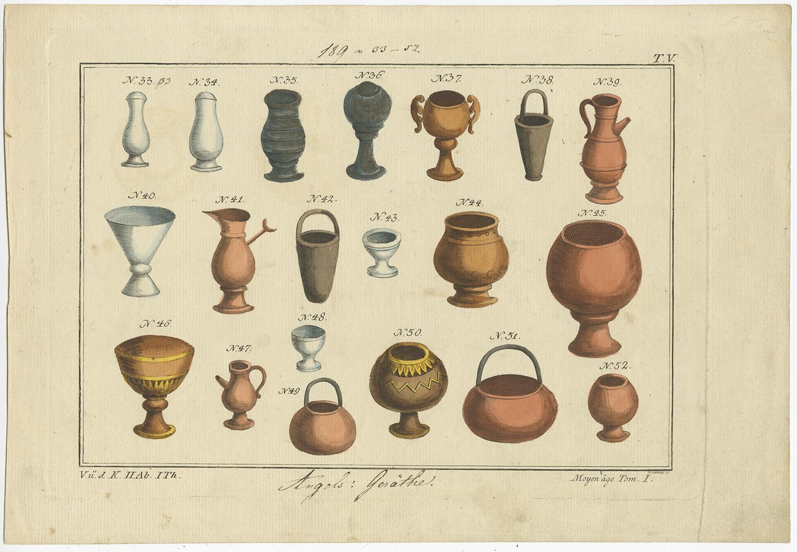 Untitled print of types of Anglo Saxon vessels in silver, gold and pottery. 

This print originates from 'Historical Picture of the Costumes of the Principal People of Antiquity and of the Middle Ages' by R. von Spalart.

Artists and Engravers:
