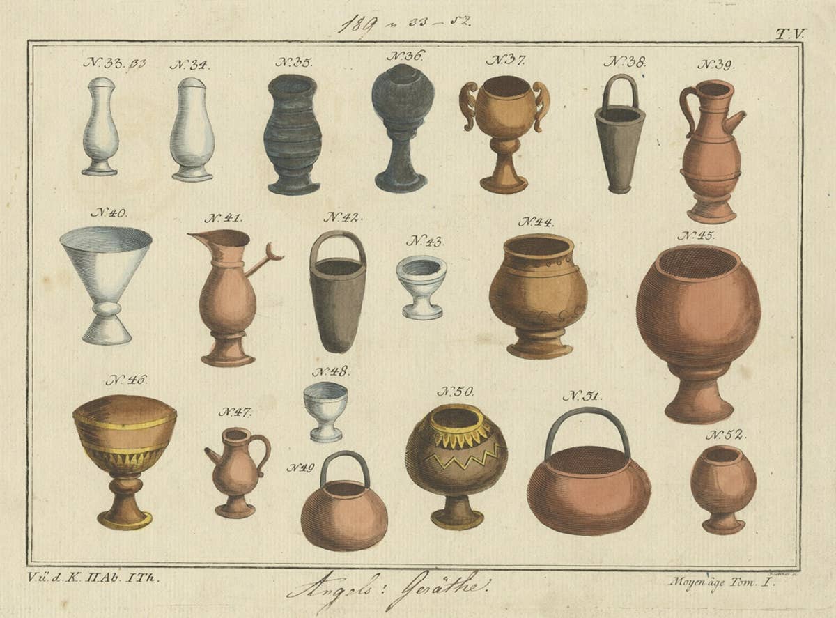Rare Print of Types of Anglo Saxon Vessels in Silver, Gold and Pottery, 1810