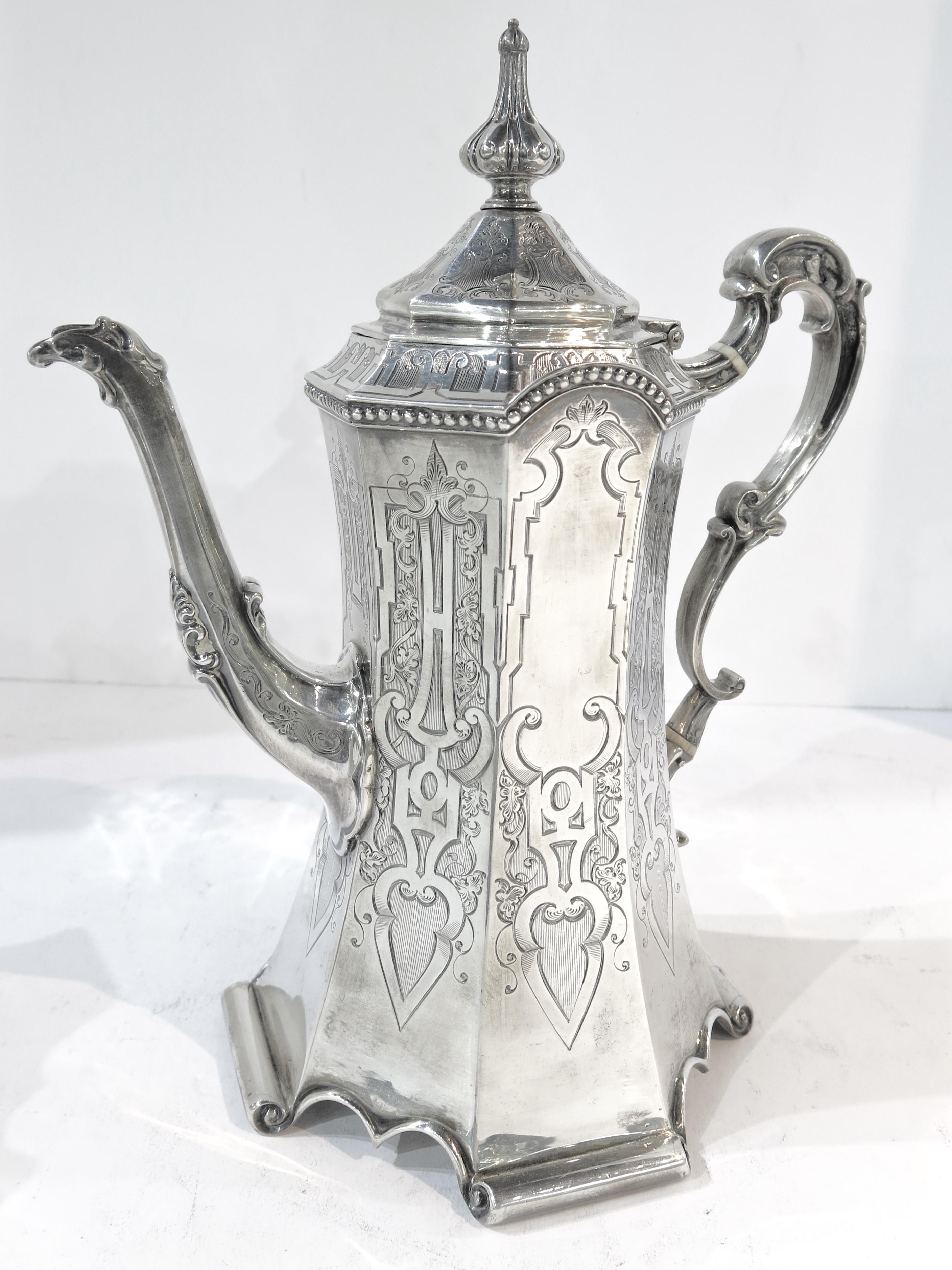 Rare and Pristine Gothic Style Antique Sterling Silver Tea Set, Victorian, 1852 For Sale 4