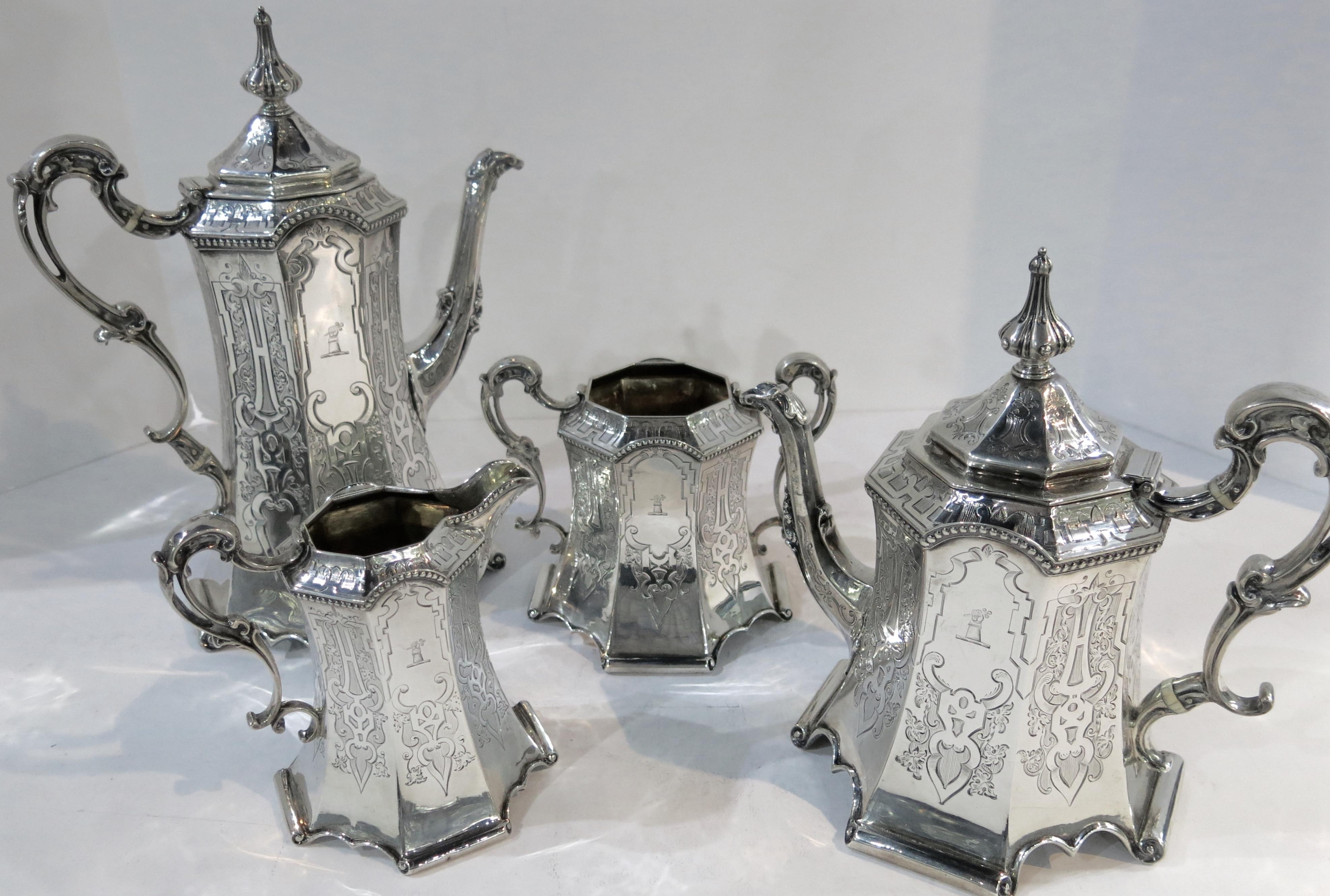 Rare and Pristine Gothic Style Antique Sterling Silver Tea Set, Victorian, 1852 For Sale 5