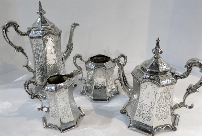 Rare and Pristine Gothic Style Antique Sterling Silver Tea Set