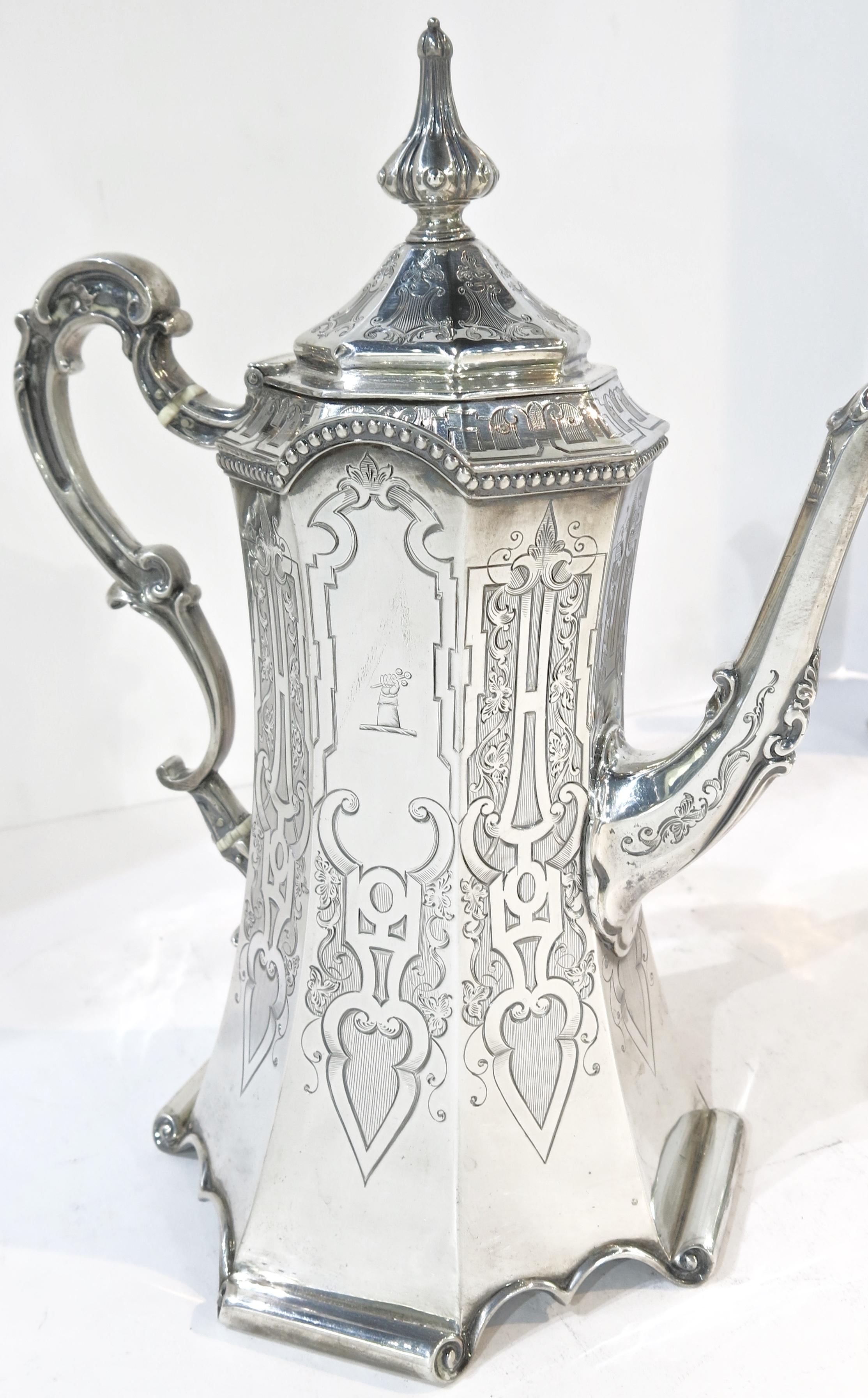 Rare and Pristine Gothic Style Antique Sterling Silver Tea Set, Victorian, 1852 In Good Condition For Sale In New York, NY