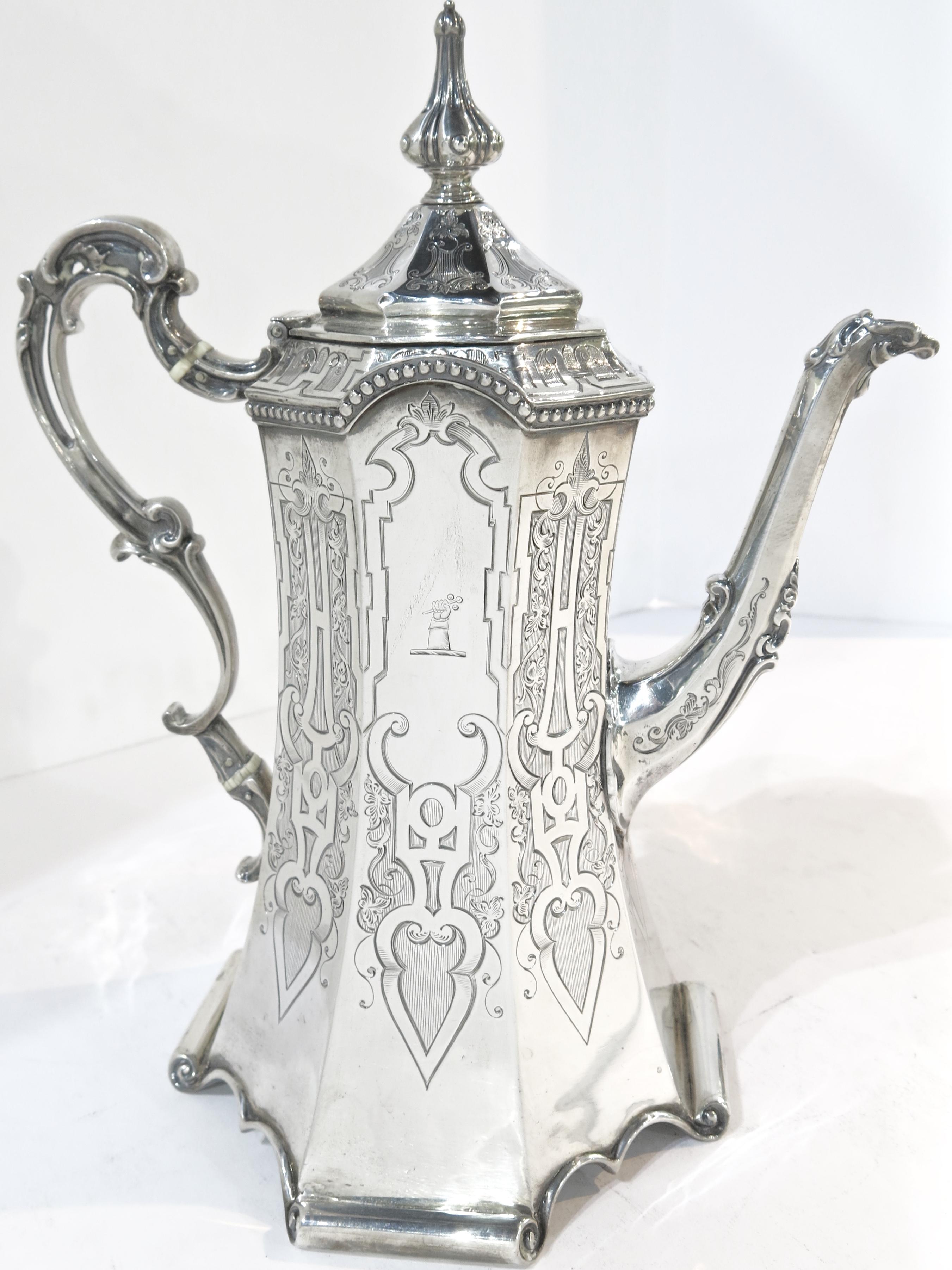 19th Century Rare and Pristine Gothic Style Antique Sterling Silver Tea Set, Victorian, 1852 For Sale