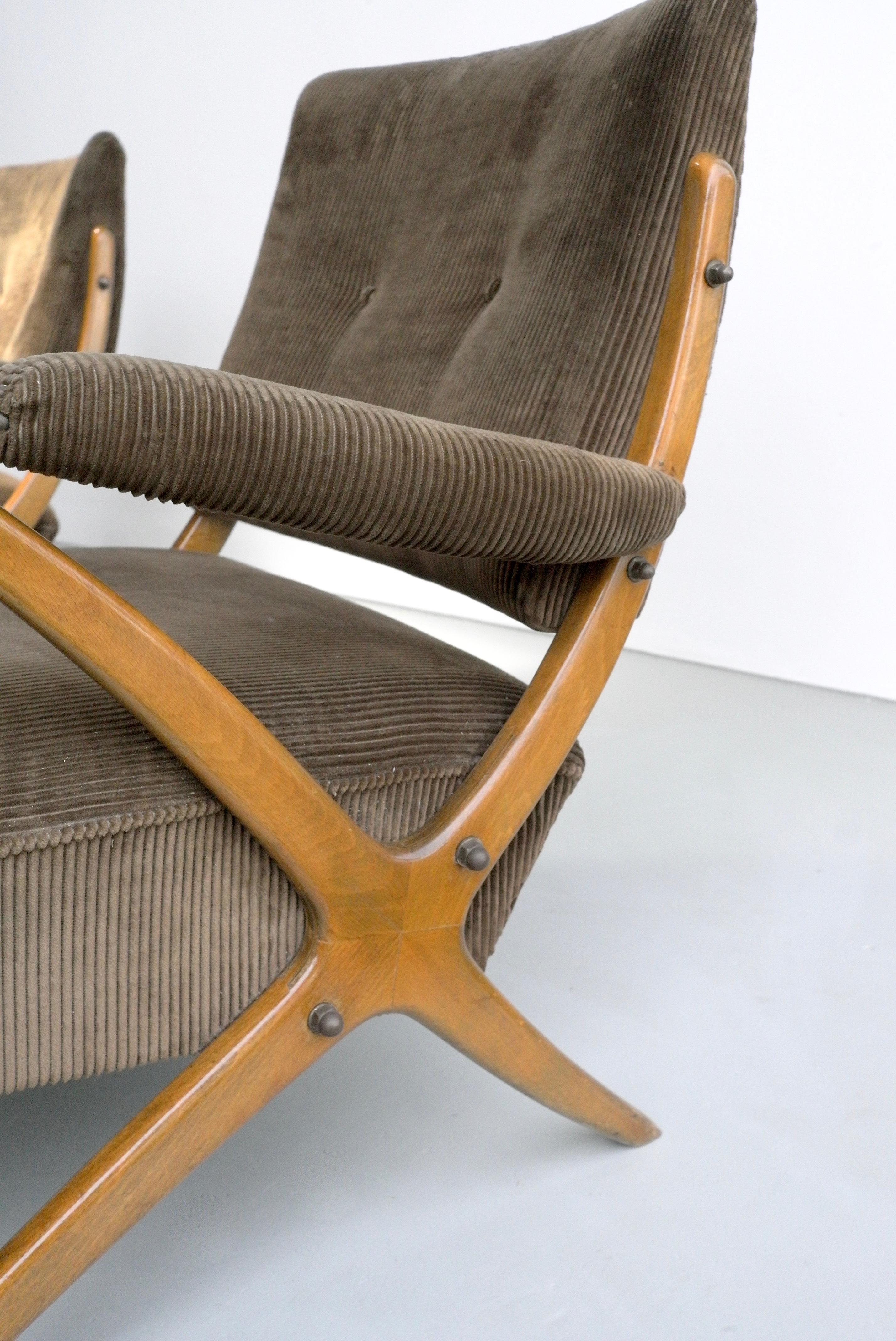 Mid-Century Modern Rare Prof.Reinhold Stotz Pair of Wooden Curved Frame Lounge Chairs Germany 1950s